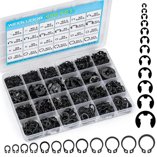 900 Piece Carbon Steel Retaining Rings Set With 24 Size C Clips And E Clips Assortment Kit in labeled storage box