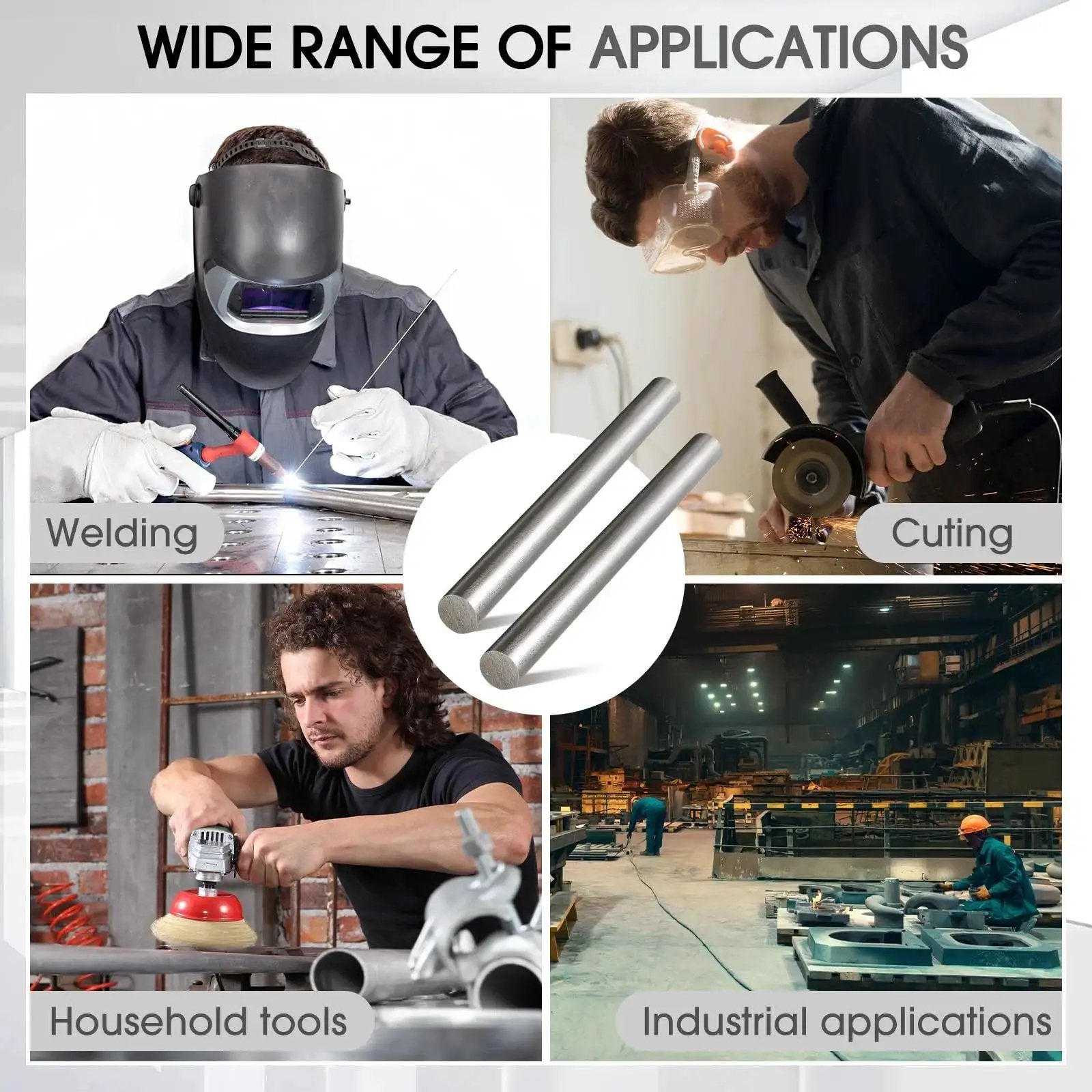 Wide range of applications for Two Pack 1018 Carbon Steel Round Rods in welding, cutting, household tools, and industrial settings.