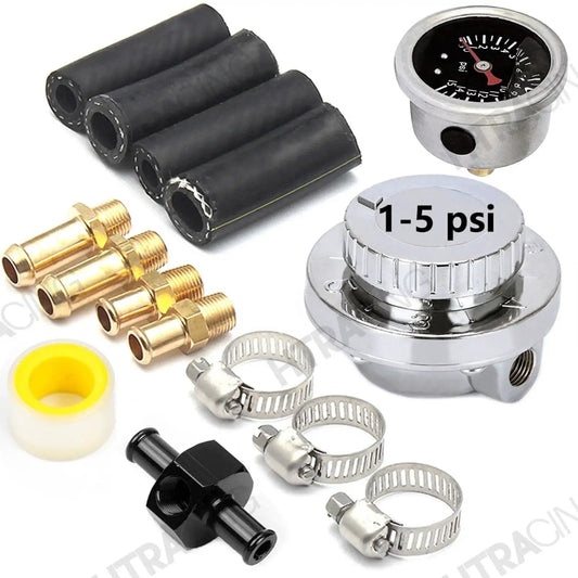 Street Ready Fuel Pressure Regulator With Gauge For Carburetor Universal Fit, Adjustable 1 to 5 PSI, with hose fittings and clamps