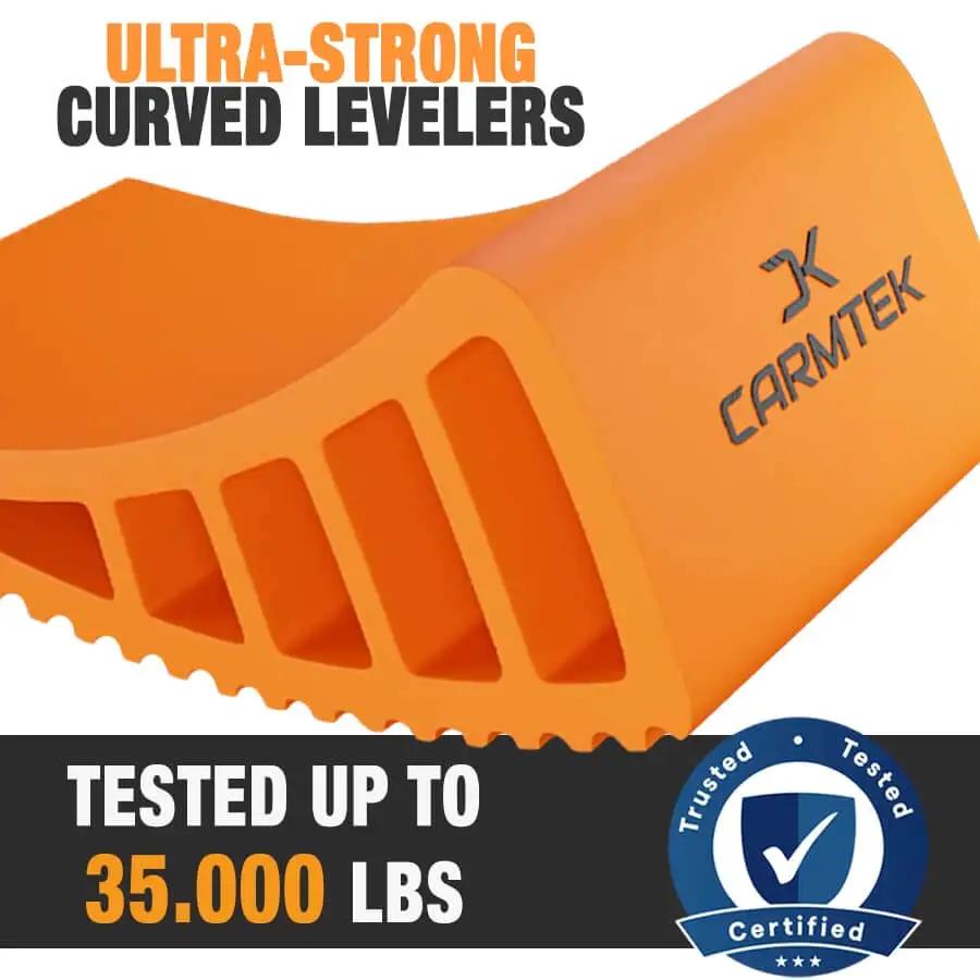 Close-up of Carmtek ultra-strong curved leveler from Camper Leveler 2 Pack Kit With Curved RV Levelers And Wheel Chocks For Tight Dual Axle Trailers Faster RV Leveling Than Old School Blocks Essential RV Accessories For Travel Trailers Carmtek.