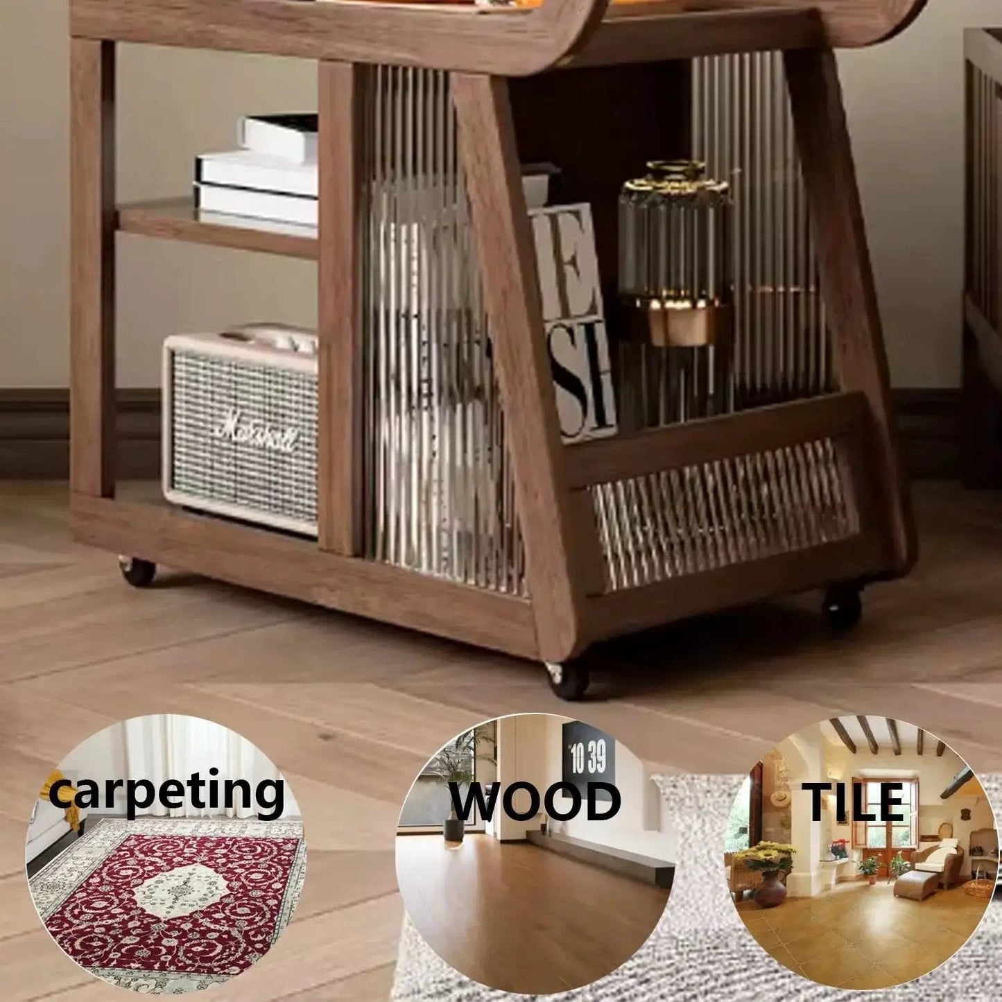 Cart with 8 Pack 1 Inch Swivel Caster Wheels with Top Plate and Bearing, Quiet Rubber Base Casters, rolling on wood floor