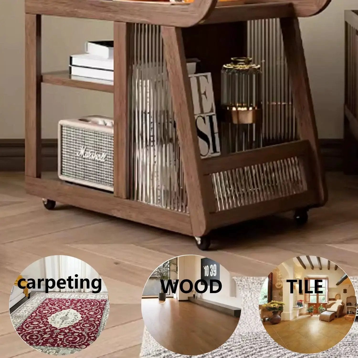 Cart with 8 Pack 1 Inch Swivel Caster Wheels with Top Plate and Bearing, Quiet Rubber Base Casters, rolling on wood floor