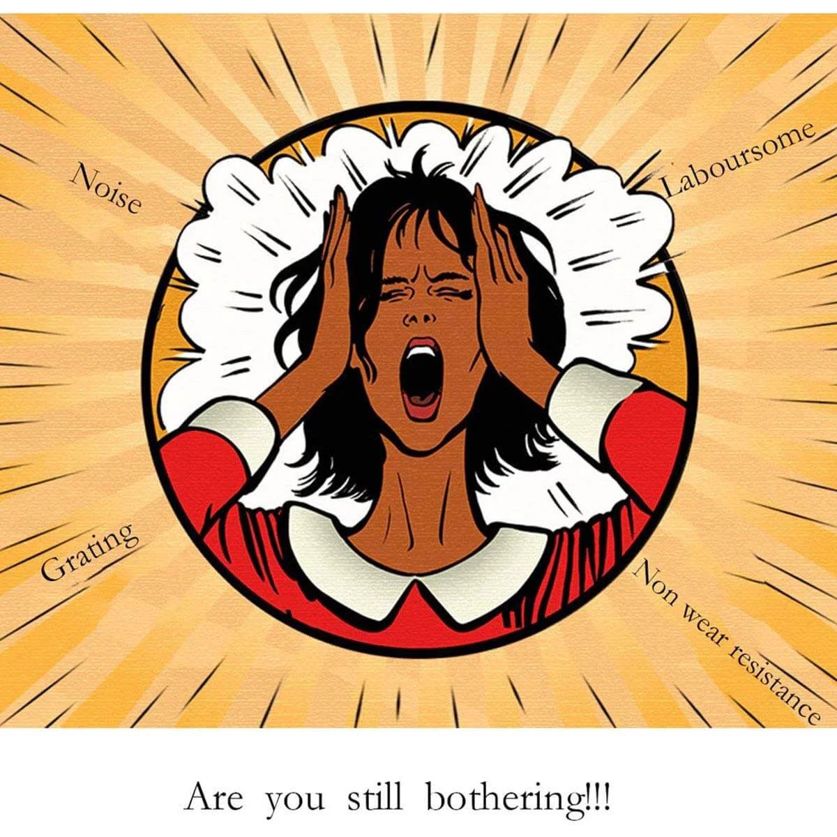Illustration of a frustrated woman holding her head, surrounded by words like noise and grating, expressing stress and annoyance.