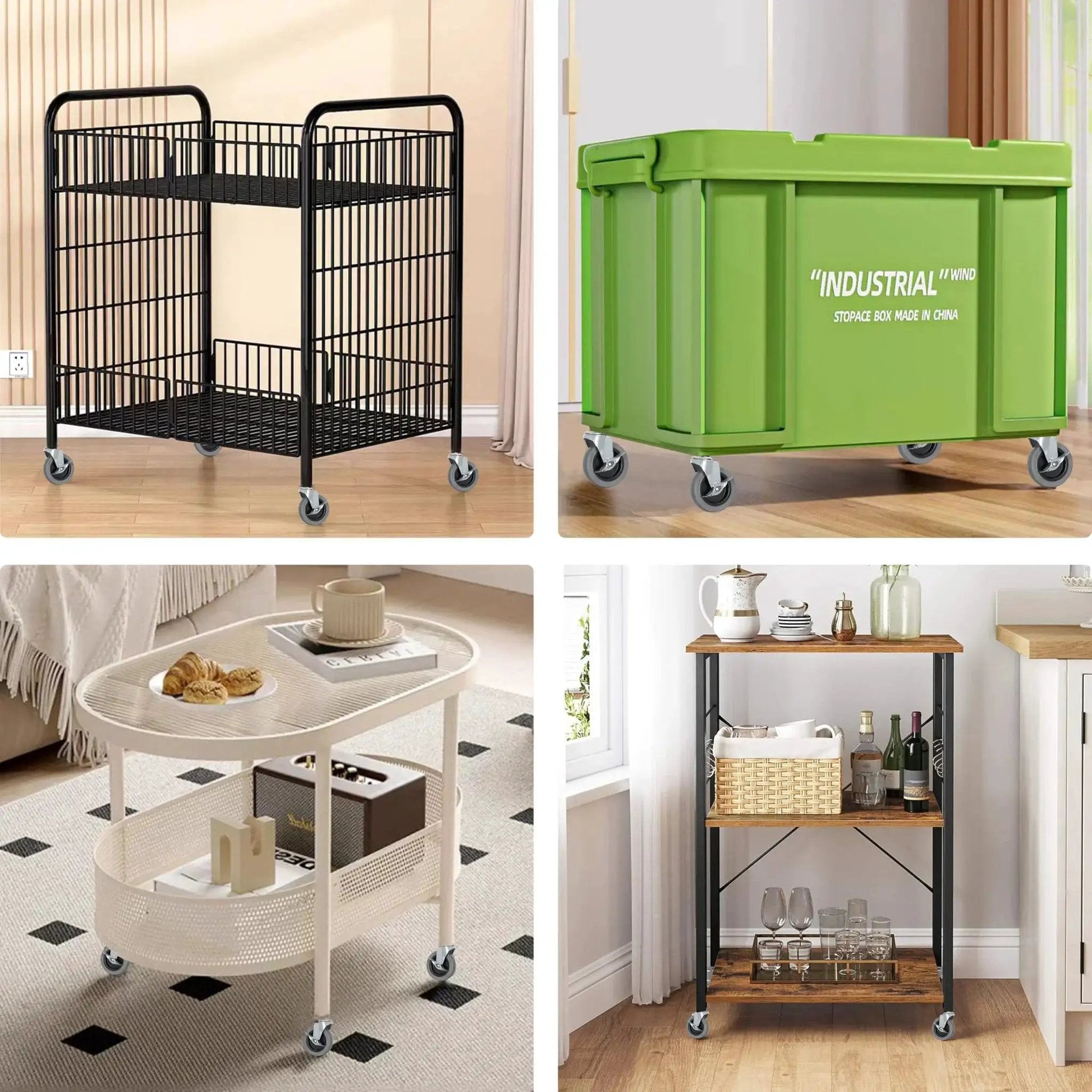 Furniture and equipment with various casters, including industrial and home use, showcasing wheels for easy mobility.