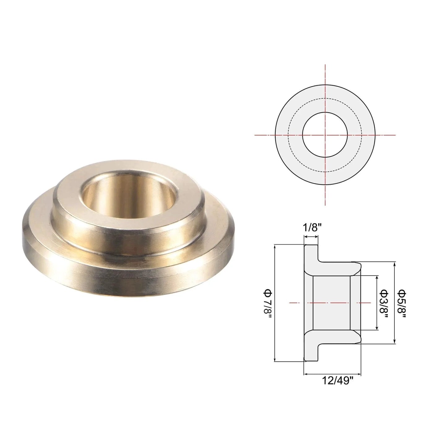 Flanged Sleeve Bearing Three Eighths Inch Bore Five Eighths Inch Outer Diameter Length Twelve Forty Ninths Inch Flange Diameter Seven Eighths Inch Flange Thickness One Eighth Inch Cast Brass Self Lubricating Bushing Oilless Maintenance Free with technical specs