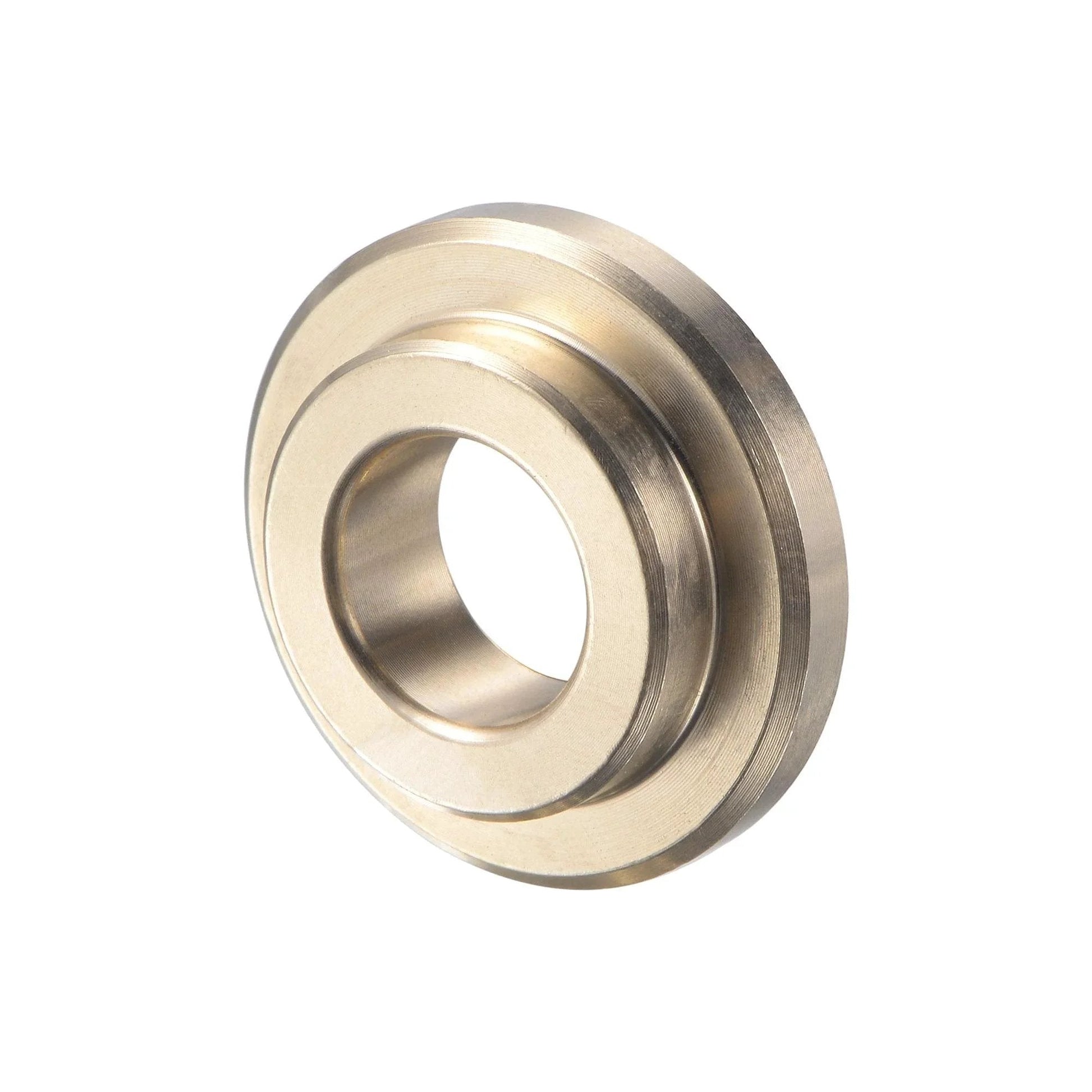 Flanged Sleeve Bearing Three Eighths Inch Bore Five Eighths Inch Outer Diameter Length Twelve Forty Ninths Inch Flange Diameter Seven Eighths Inch Flange Thickness One Eighth Inch Cast Brass Self Lubricating Bushing Oilless Maintenance Free close-up