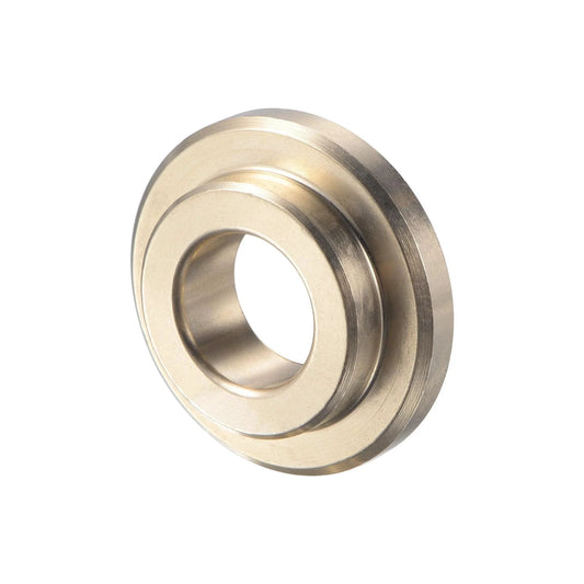 Flanged Sleeve Bearing Three Eighths Inch Bore Five Eighths Inch Outer Diameter Length Twelve Forty Ninths Inch Flange Diameter Seven Eighths Inch Flange Thickness One Eighth Inch Cast Brass Self Lubricating Bushing Oilless Maintenance Free close-up