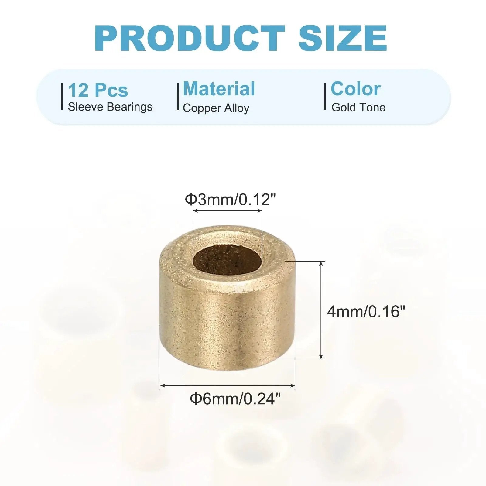 Self Lubricating Cast Brass Sleeve Bearings 3mm Bore by 6mm Outer Diameter and 4mm Length Gold Tone Pack of 12