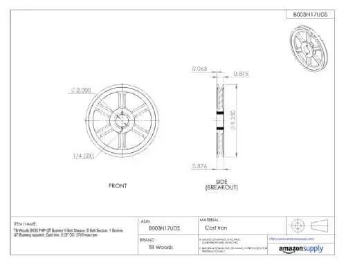 Diagram of B Belt Heavy Duty V Belt Sheave With QT Bushing, 1 Groove, Cast Iron, 8.75 Inch OD, Front and Side Views