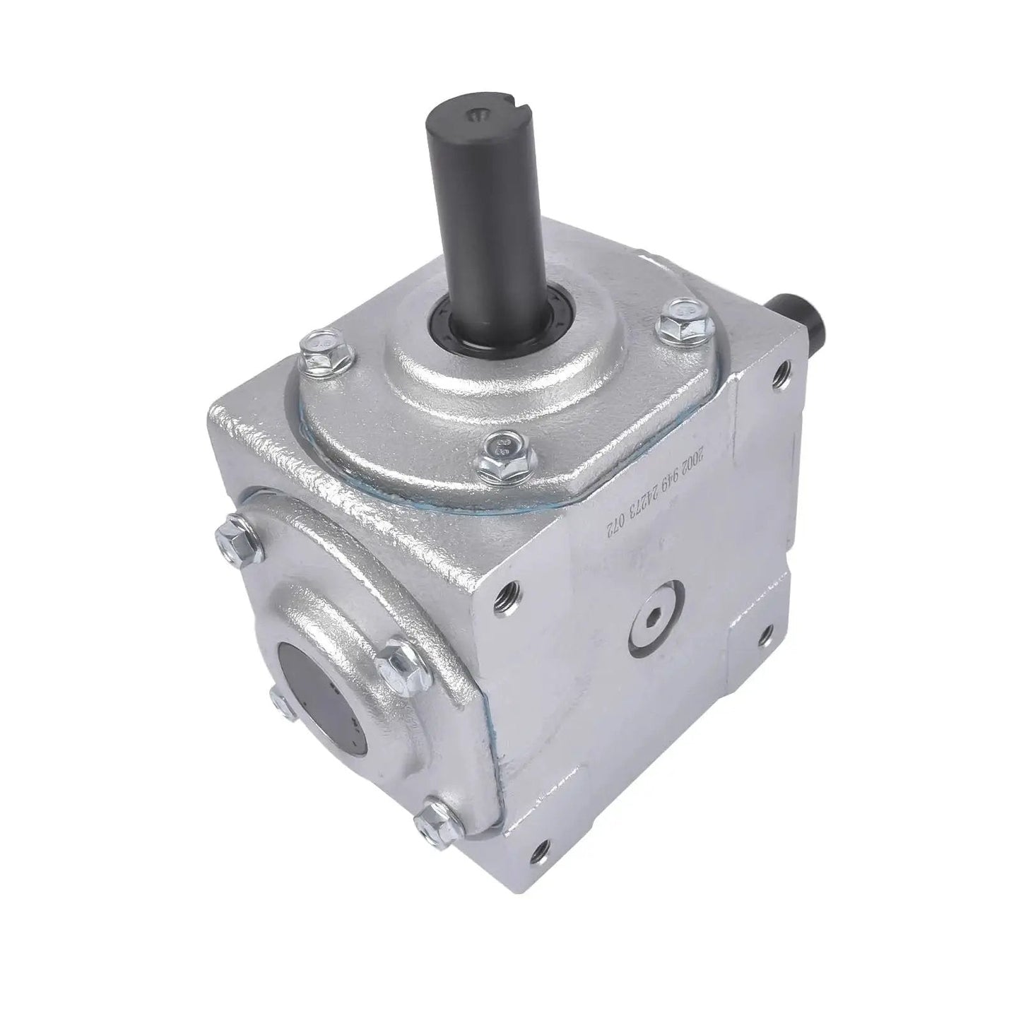 Beefy 40 HP Right Angle Bevel Gearbox With 2 Keyed Shafts 1 To 1 Cast Iron showing one keyed shaft and cast iron housing.