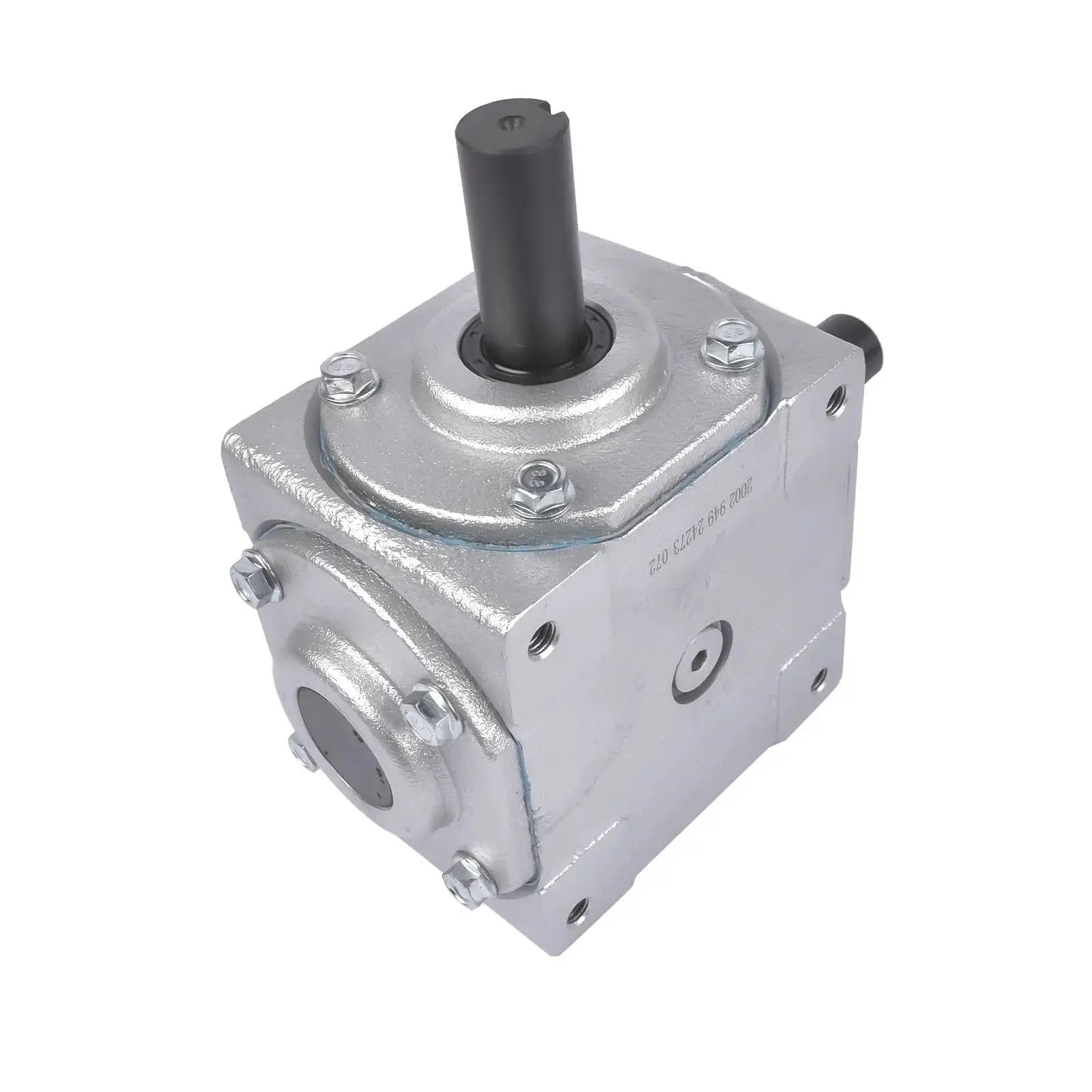 Beefy 40 HP Right Angle Bevel Gearbox With 2 Keyed Shafts 1 To 1 Cast Iron showing one keyed shaft and cast iron housing.