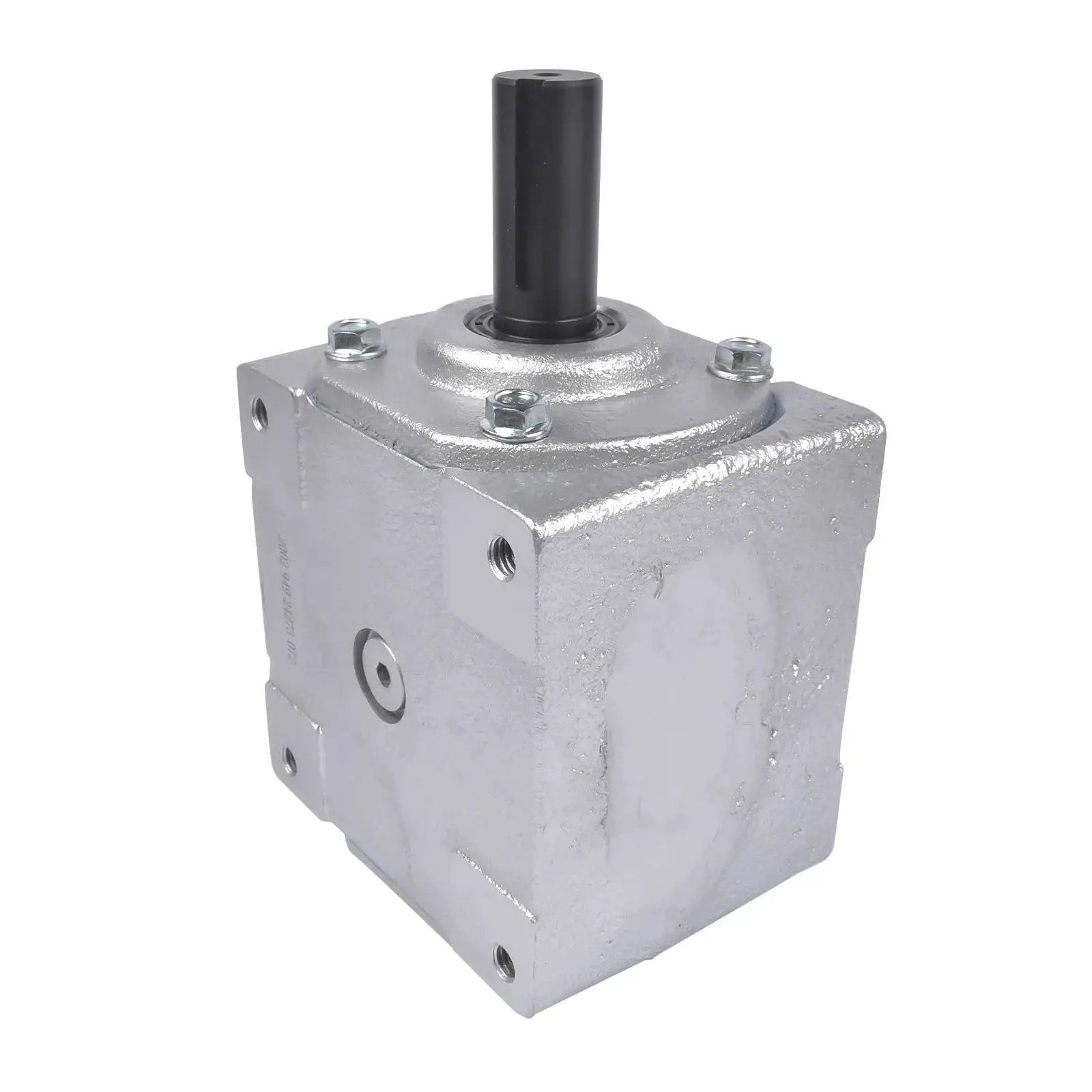 Front view of Beefy 40 HP Right Angle Bevel Gearbox With 2 Keyed Shafts 1 To 1 Cast Iron, showing cast iron casing.