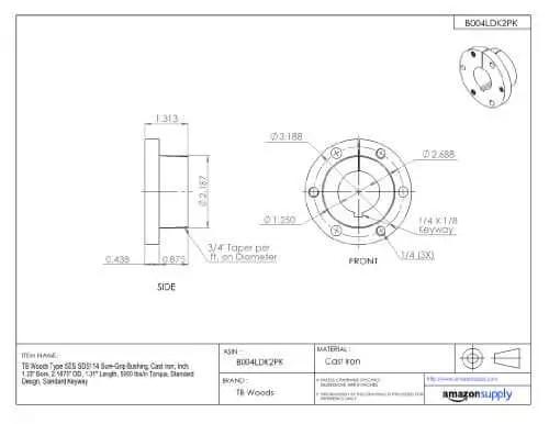 Technical drawing of Sure-Grip Bushing SDS114 Cast Iron Quick Disconnect Bushing for Shaft Mount Pulleys with dimensions and specifications.