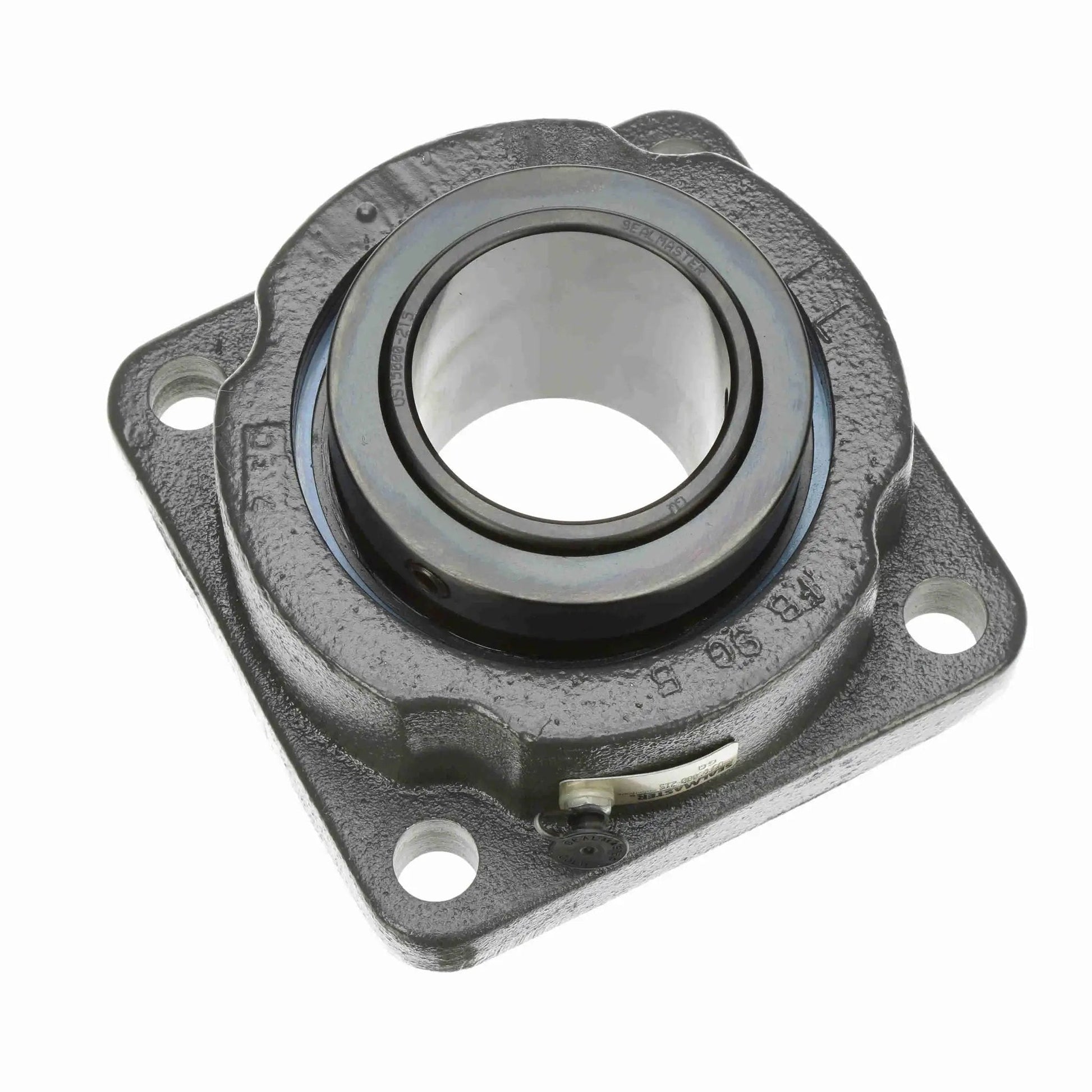 Durable Sealmaster USFB5000-215 four-bolt flange spherical roller bearing in cast iron housing, front view.