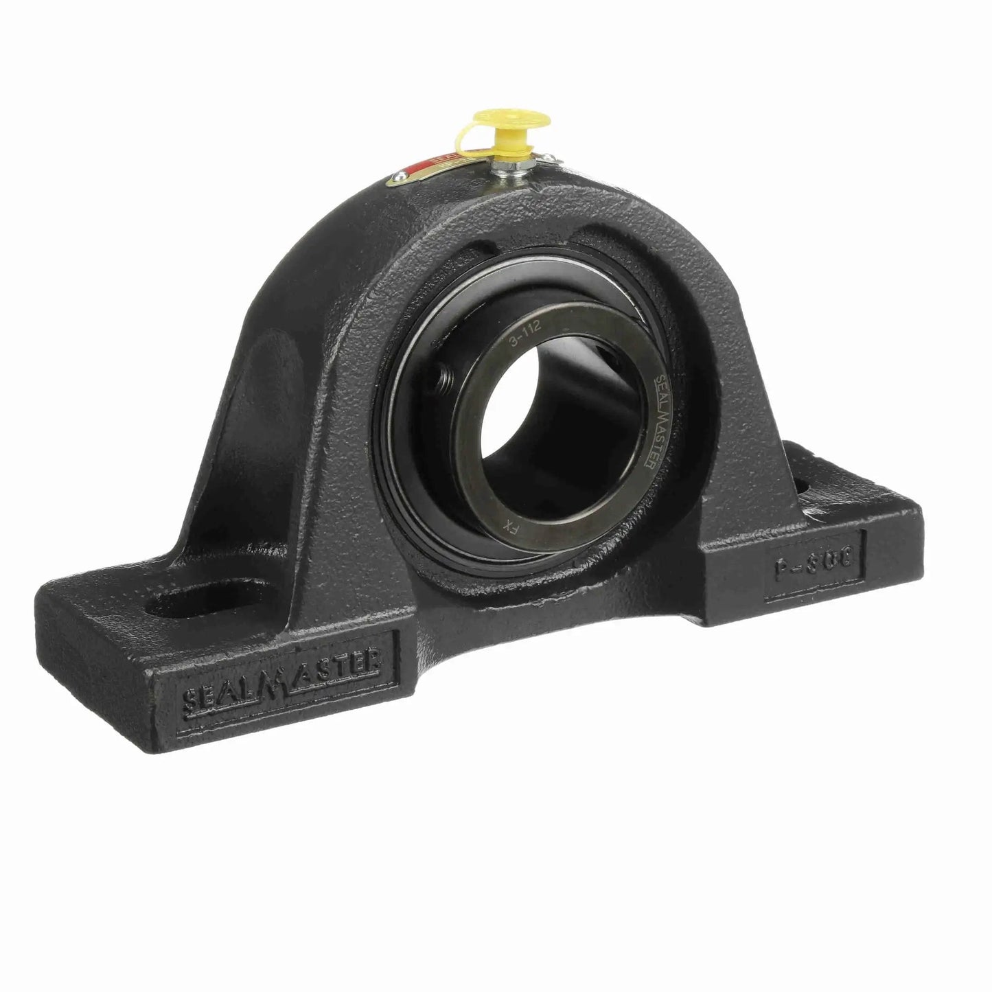 Front view of a robust mounted cast iron pillow block bearing with a solid one-piece housing for normal to medium-duty applications.