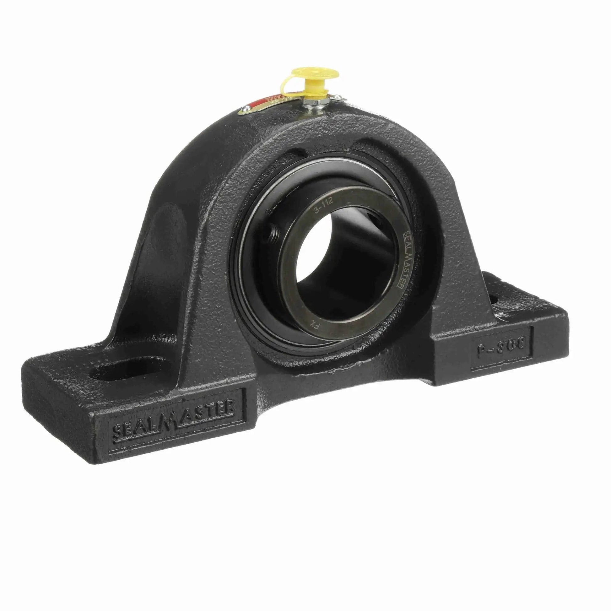 Front view of a robust mounted cast iron pillow block bearing with a solid one-piece housing for normal to medium-duty applications.