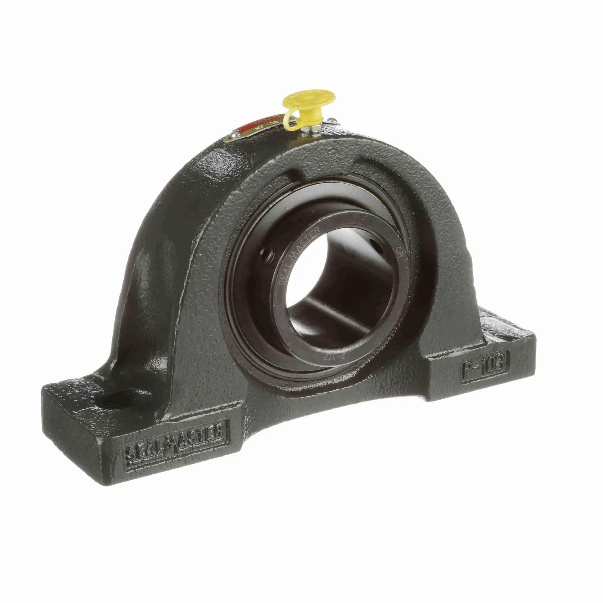 Front view of NP 28 Mounted Cast Iron Two Bolt Pillow Block Ball Bearing With Setscrew Lock Beefed Up Heavy Duty Ready To Mount