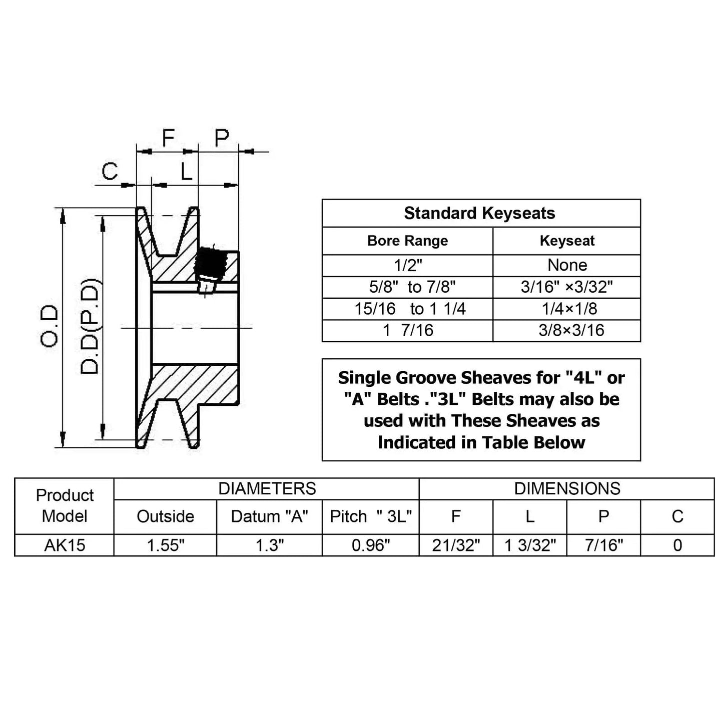 Diagram of Cast Iron Belt Pulley AK1558 For V Belt Section A 3L 4L with dimensional specifications and standard keyseats.