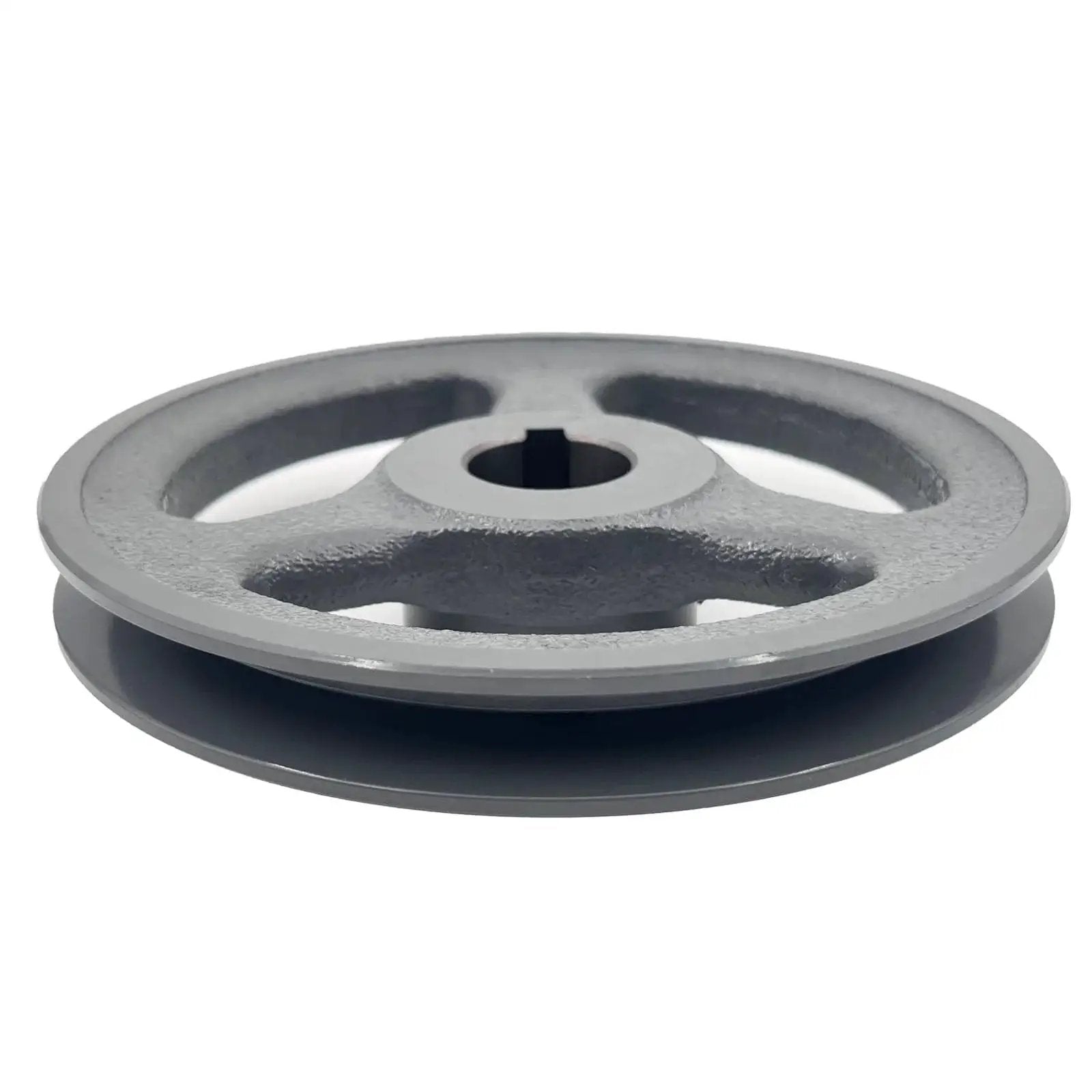 Side view of AK61-1 Saelno 1 Inch Bore V Belt Pulley 5.95 Inch OD Beefy Cast Iron Motor Pulley with anti-rust finish, single groove.
