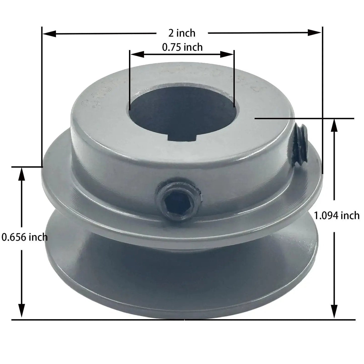 Two Inch Outside Diameter V Belt Pulley With One Groove For Three Quarter Inch Bore Cast Iron Motor Pulley with dimensions shown
