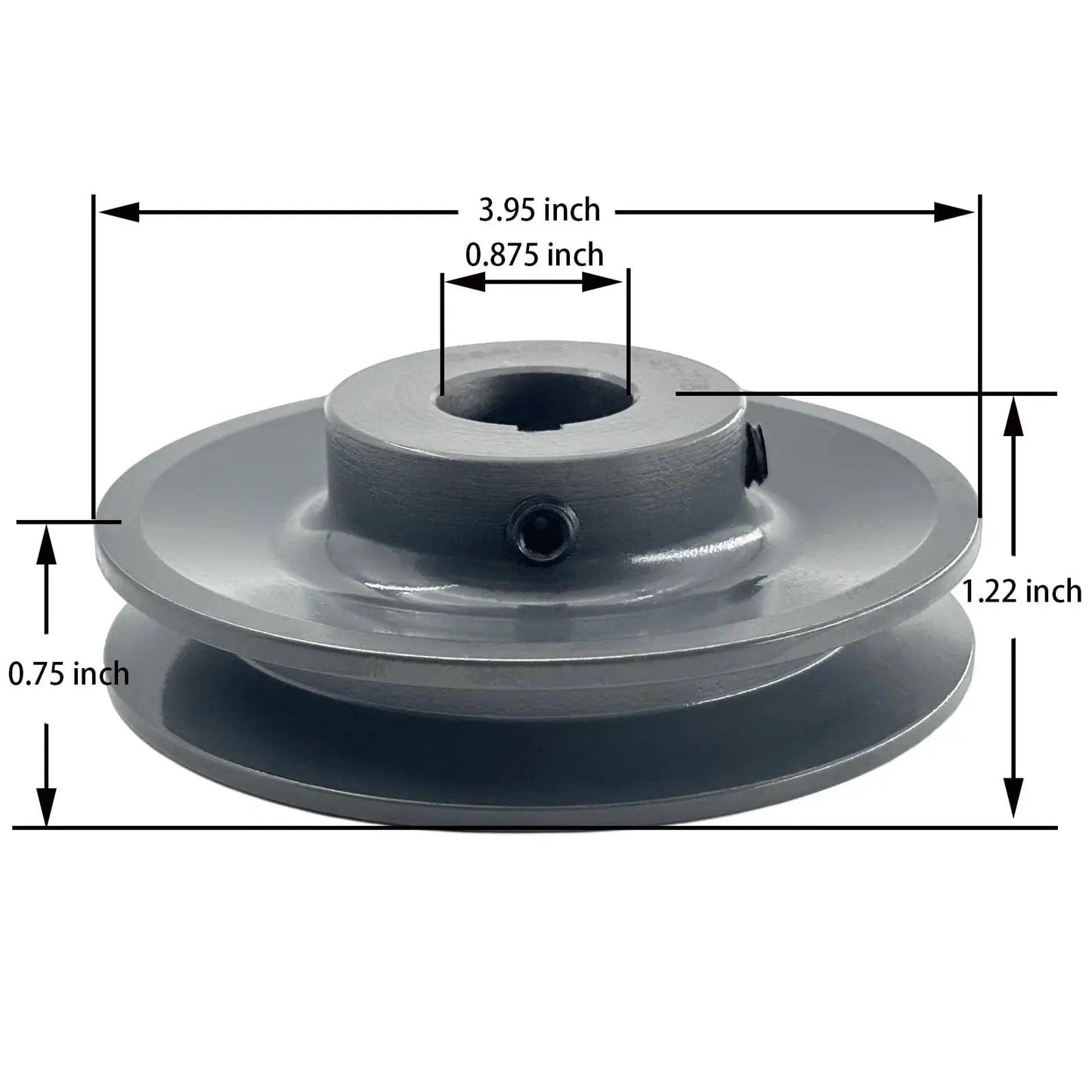 7/8 Inch Bore V Belt Pulley With 3.95 Inch Outside Diameter One Groove Cast Iron Sheave For A AX 3L 4L V Belts, side view with dimensions.
