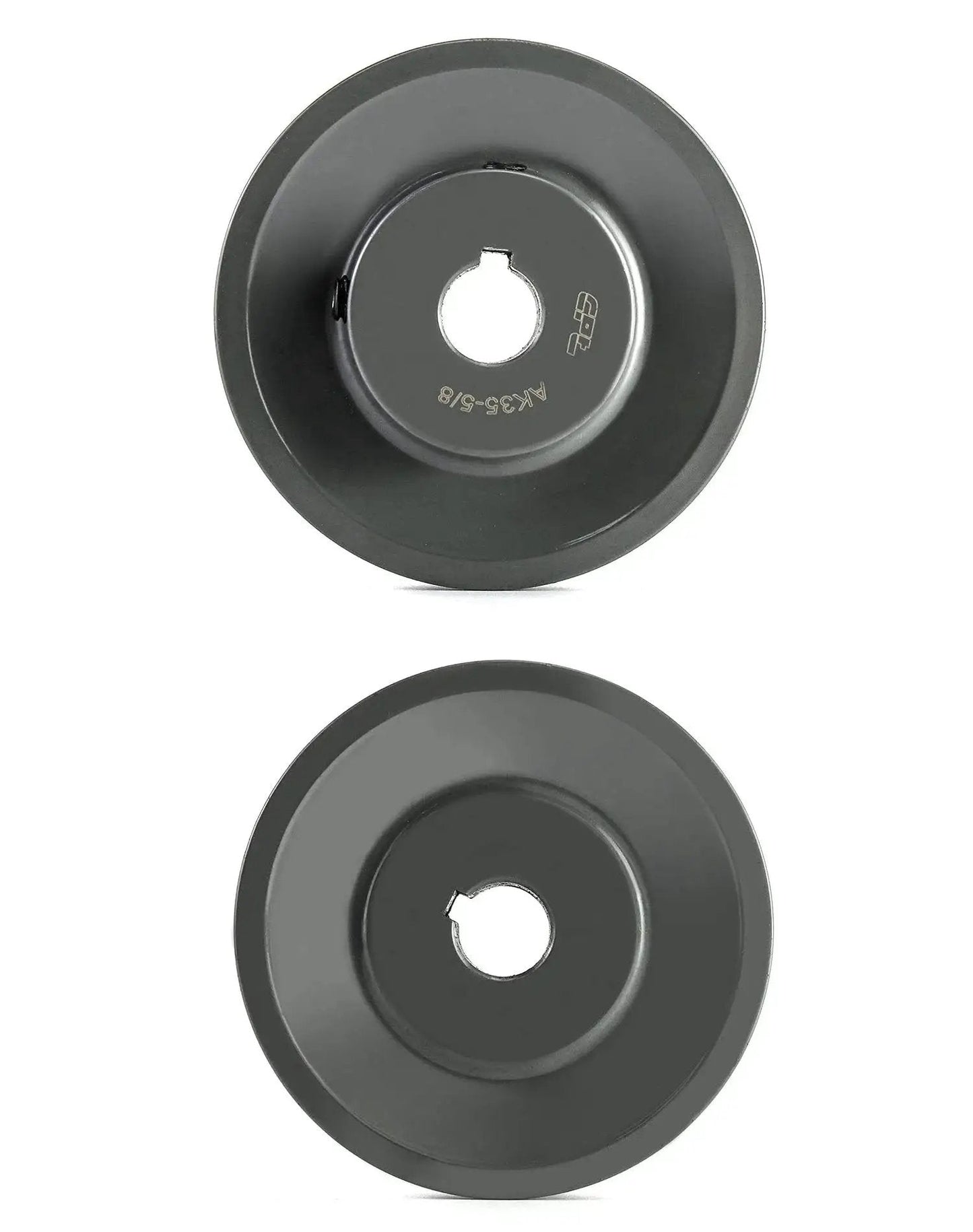 Front and back view of Heavy Duty Cast Iron V Belt Pulley By QWORK AK3558 3.55 Inch Outer Diameter, Five Eighth Inch Bore single groove sheave.
