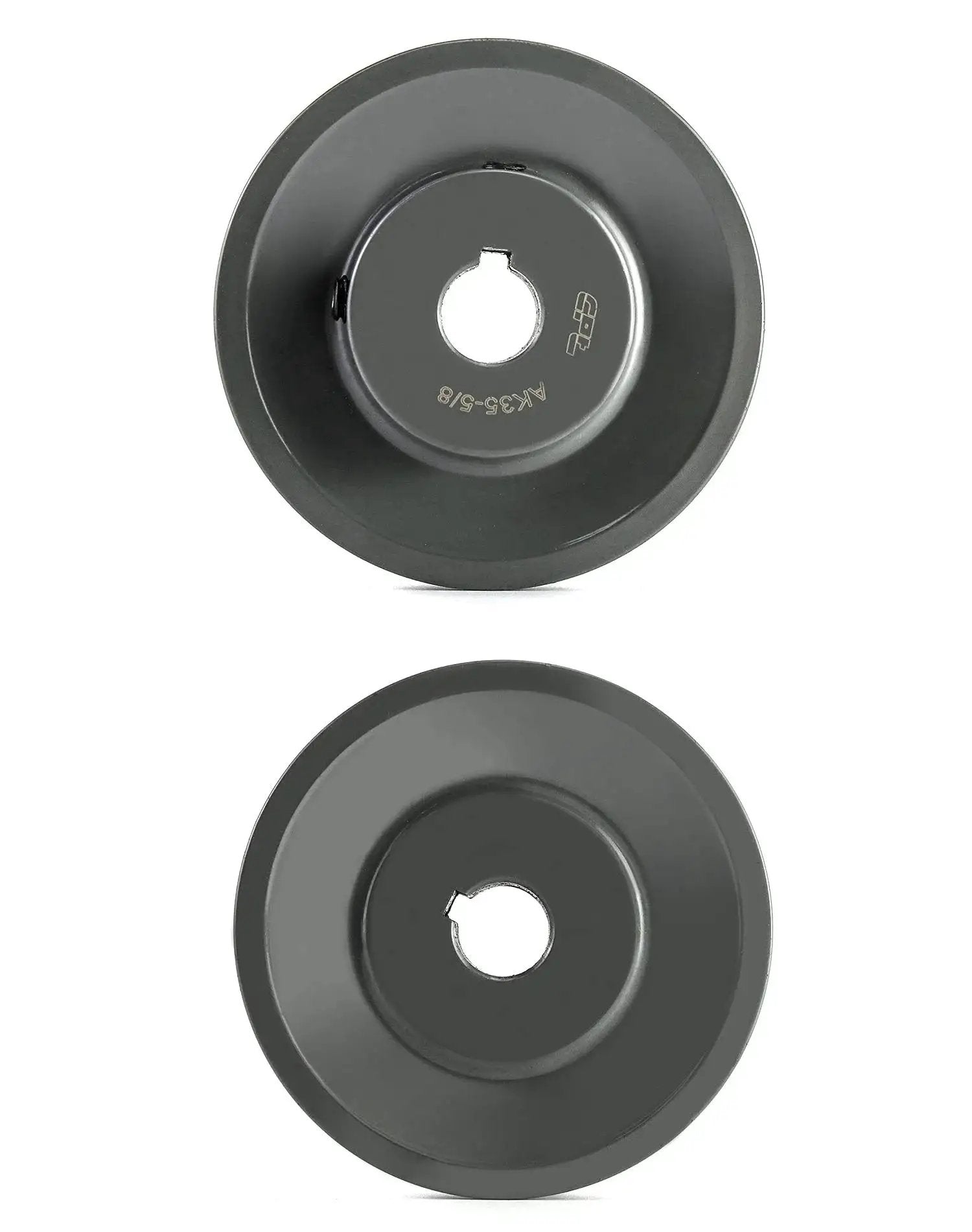 Front and back view of Heavy Duty Cast Iron V Belt Pulley By QWORK AK3558 3.55 Inch Outer Diameter, Five Eighth Inch Bore single groove sheave.