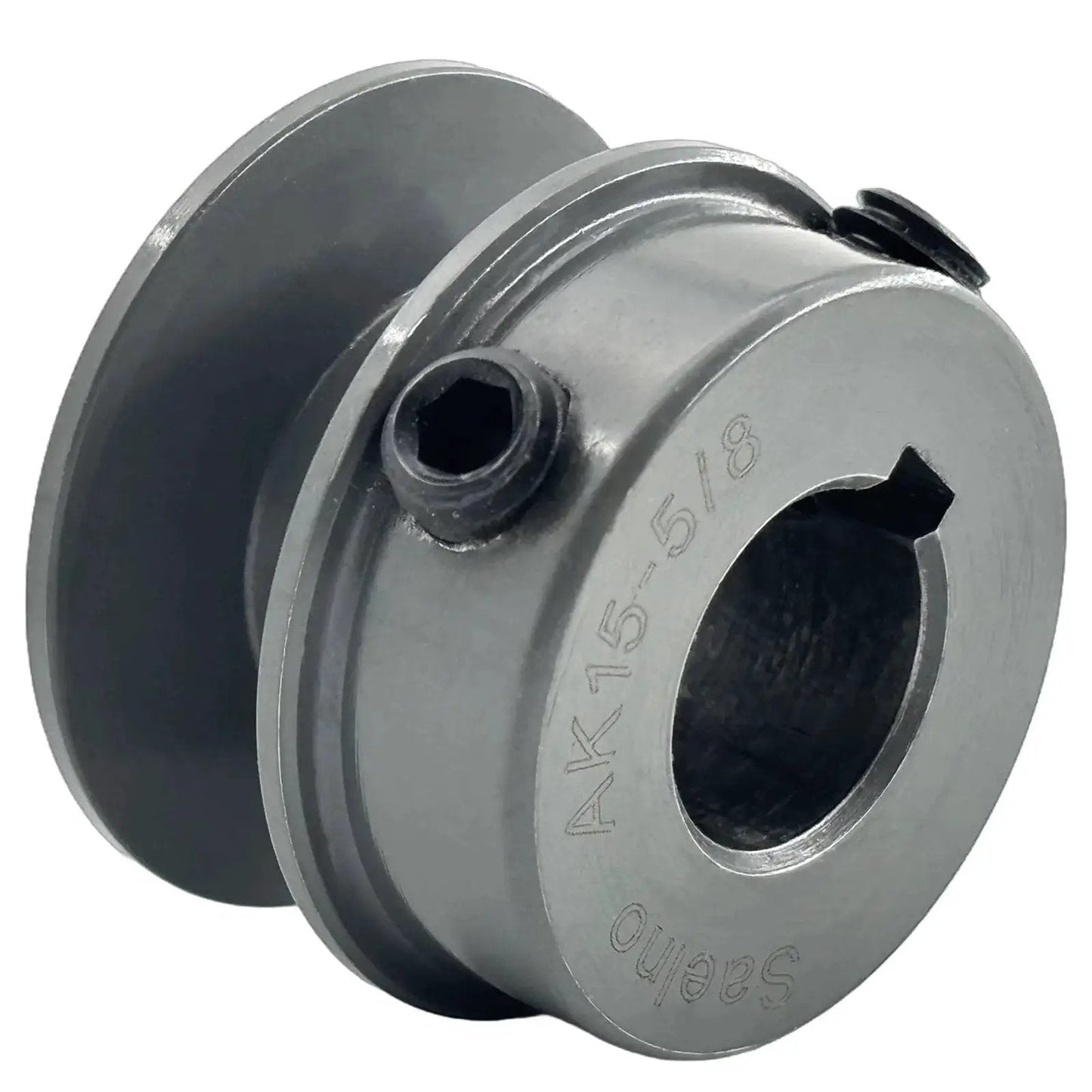 Side view of Cast Iron Belt Pulley AK1558 for V Belt Section A 3L 4L with five-eighths inch bore and 1.55 inch outside diameter.