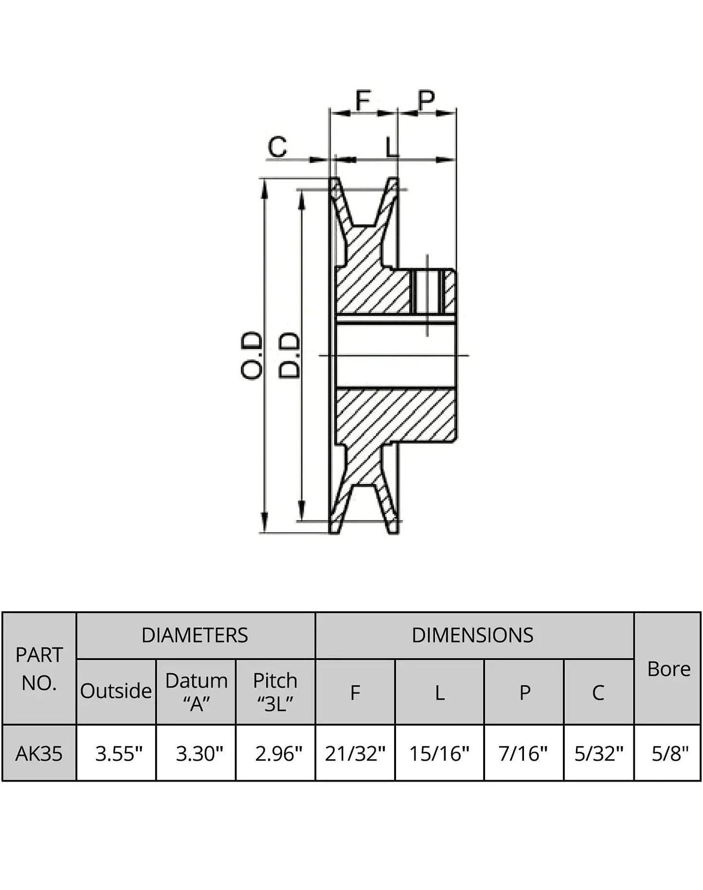 Technical diagram of Heavy Duty Cast Iron V Belt Pulley By QWORK AK3558 with dimensions and specifications for industrial machinery.