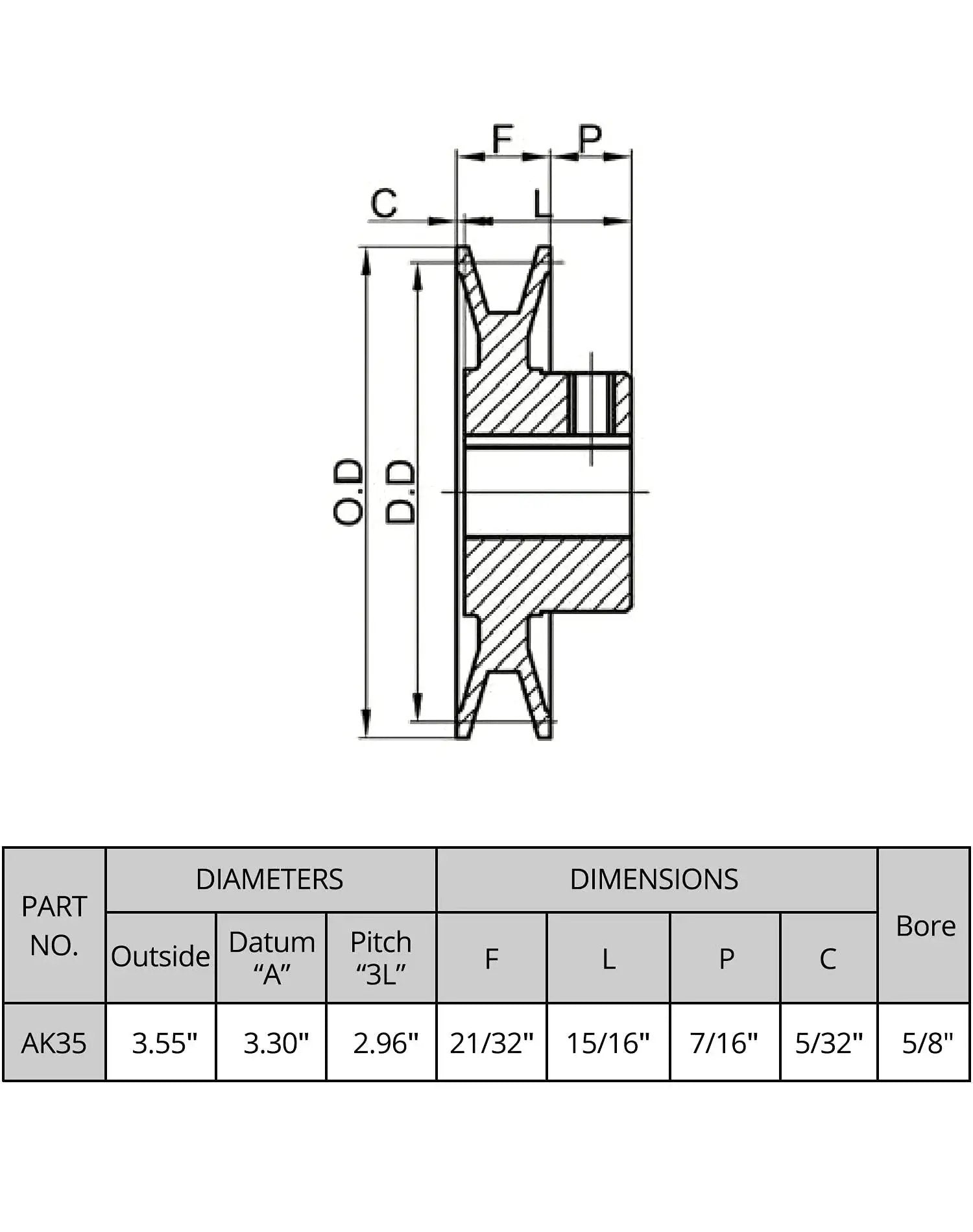 Technical diagram of Heavy Duty Cast Iron V Belt Pulley By QWORK AK3558 with dimensions and specifications for industrial machinery.