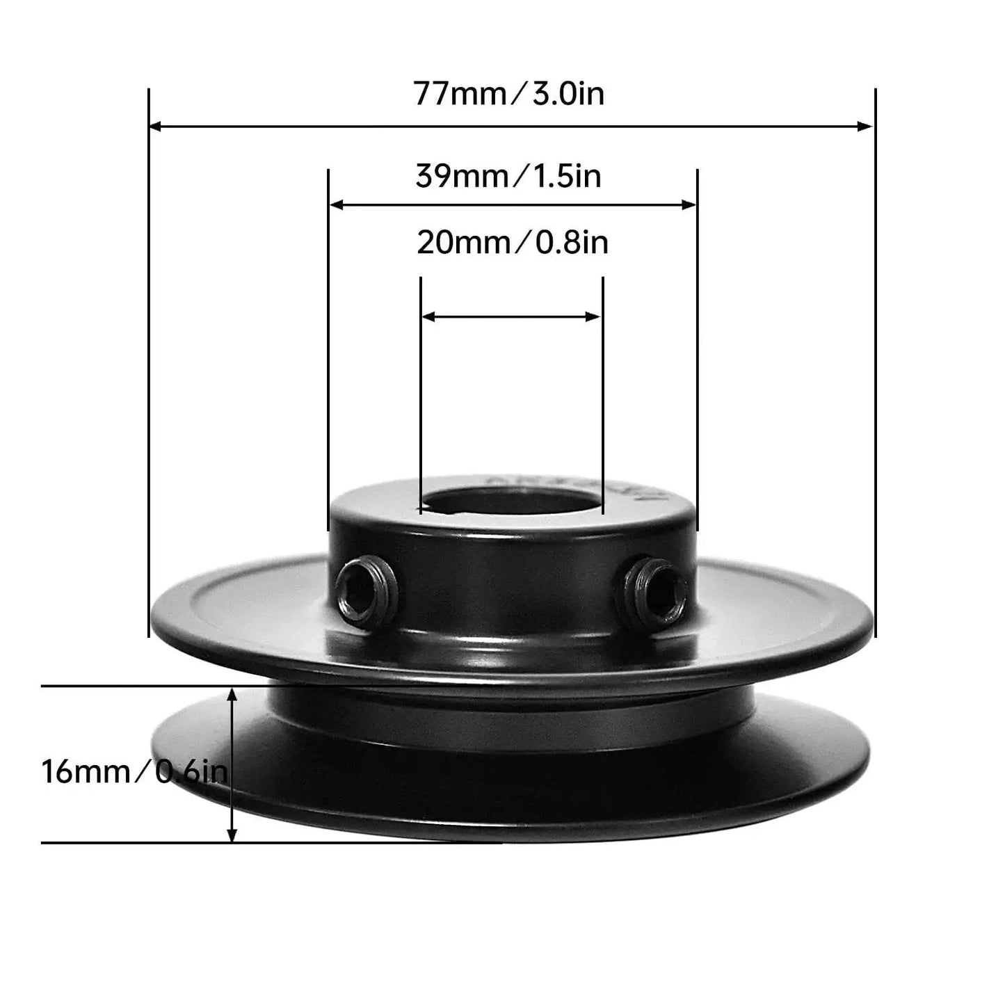 Side view of Single Groove V Belt Pulley For A AX 3L 4L Belts, Three Quarter Inch Bore, Three Inch Outer Diameter, Cast Iron Construction