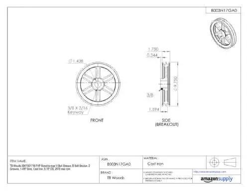 Engineering drawing of Bored-To-Size V Belt Sheave For Classical A Belt Drive System With Two Grooves And One Inch Bore
