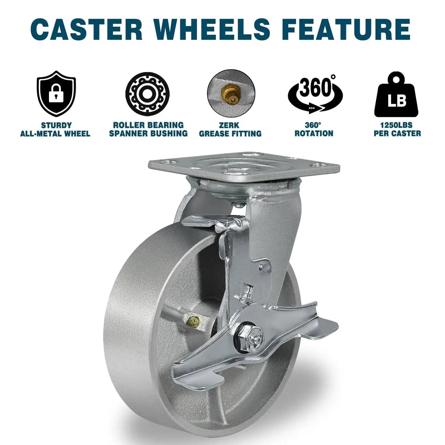 Heavy Duty Industrial Casters 6 By 2 Inch Rigid And Brake Wheels With Roller Bearing Semi Steel Cast Iron Wheels For Heavy Loads 5000 Lbs Capacity Per Set Of 4 Durable Construction For Warehouses, Workshops And Equipment