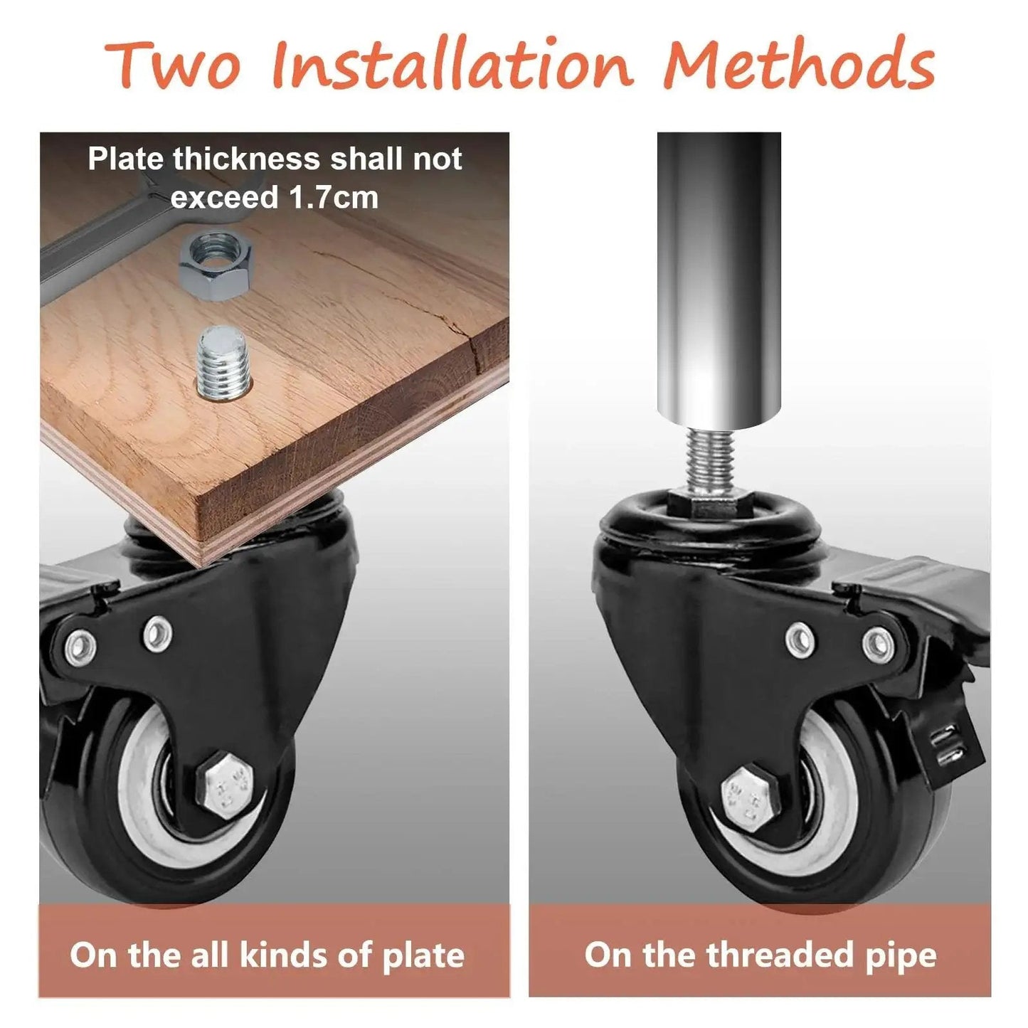 2 Inch Stem Caster Set Of 4 Threaded M10 25 mm Stems Quiet Brakes Industrial Polyurethane Wheels installation methods