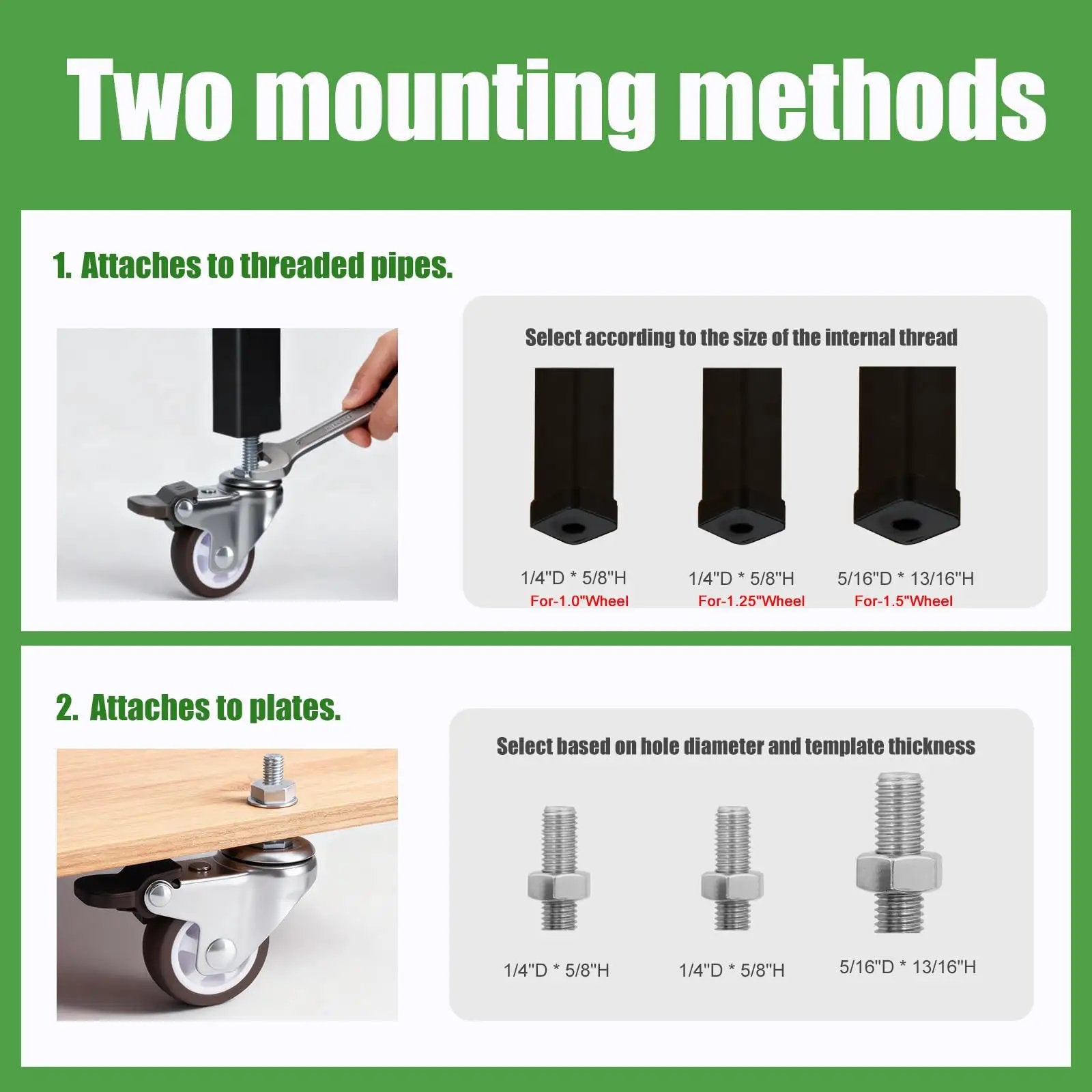 Diagram showing two mounting methods for 1.5 Inch Stem Casters Set of 4 With Brakes, including threaded pipes and plates.