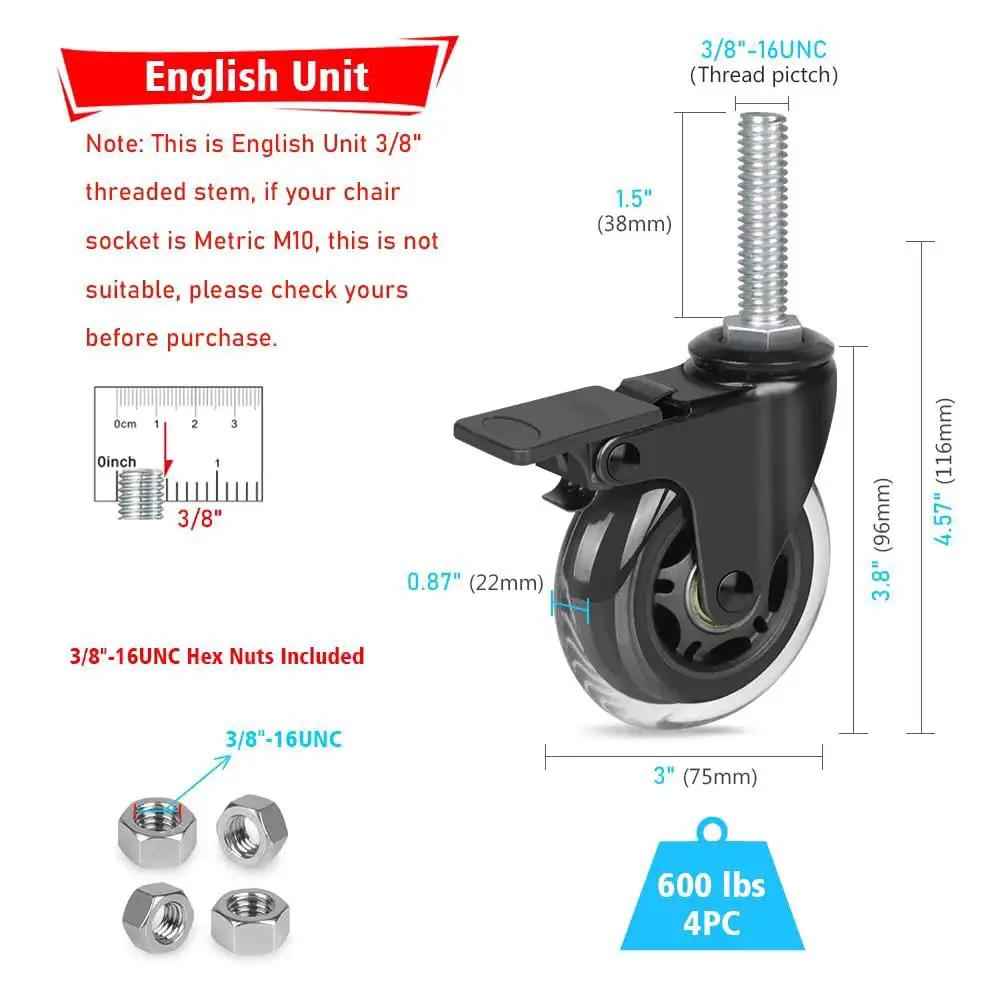 Diagram of Three Eighths Inch 16 UNC Threaded Stem Locking Swivel Caster with 3 Inch Wheels, hex nuts, and dimensions
