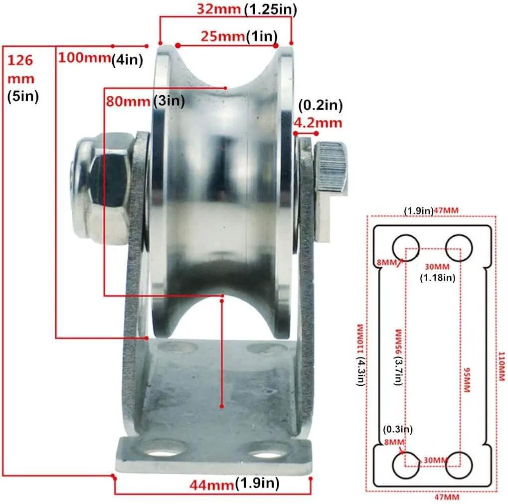 Side view of 304 stainless steel caster wheel with groove, heavy duty sheaves track pulley, 100mm diameter for sliding door.