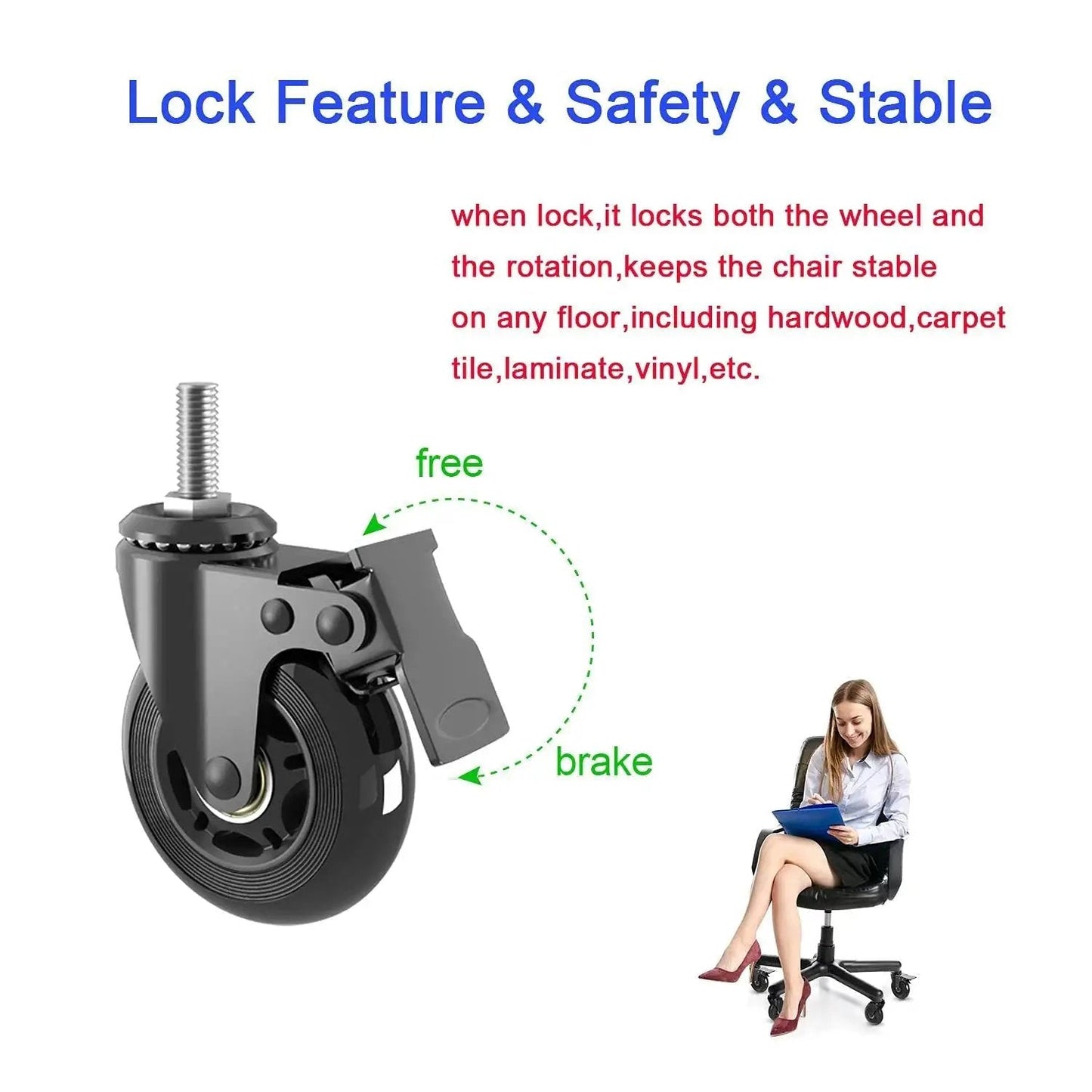 Five Pack 3 Inch Caster Wheels With Safety Dual Locking Brakes for stability on multiple floor types, featuring swivel threaded stem