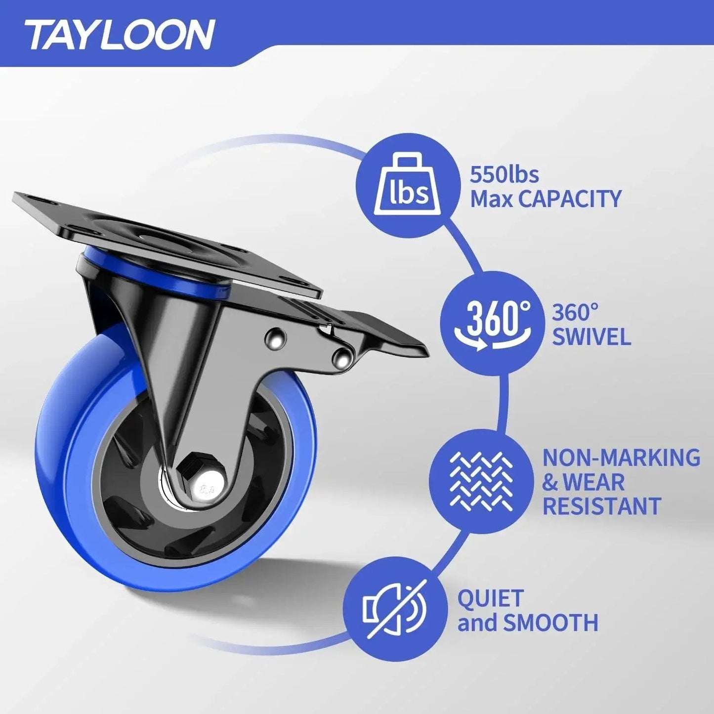 Heavy Duty 4 Inch Caster Wheels Set Of 4 With Locking Swivel Brakes Industrial Plate Casters, side view, blue wheel, steel frame.