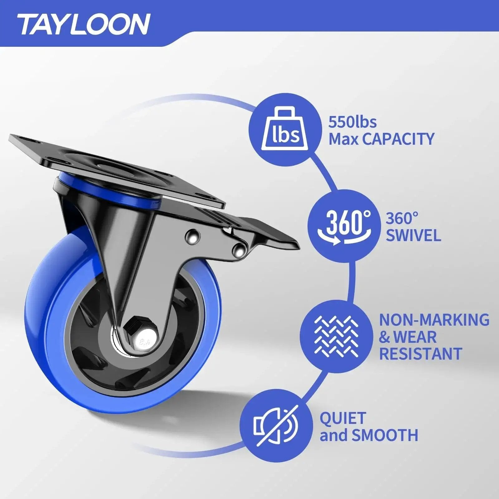 Heavy Duty 4 Inch Caster Wheels Set Of 4 With Locking Swivel Brakes Industrial Plate Casters, side view, blue wheel, steel frame.