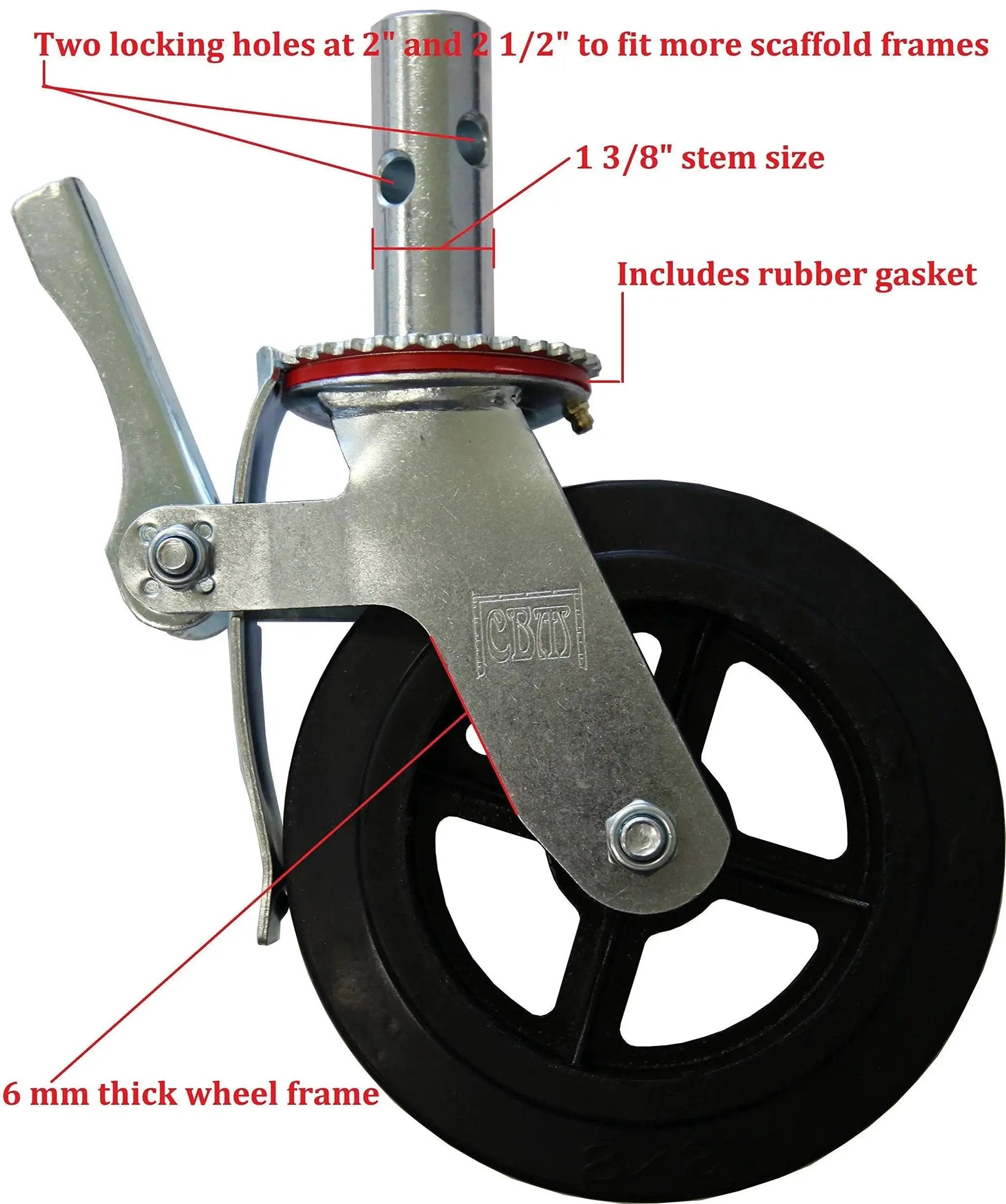 Side view of 8-inch caster wheel with cast iron hub, showing locking brake, two-hole mounting stem, and rubber gasket details.
