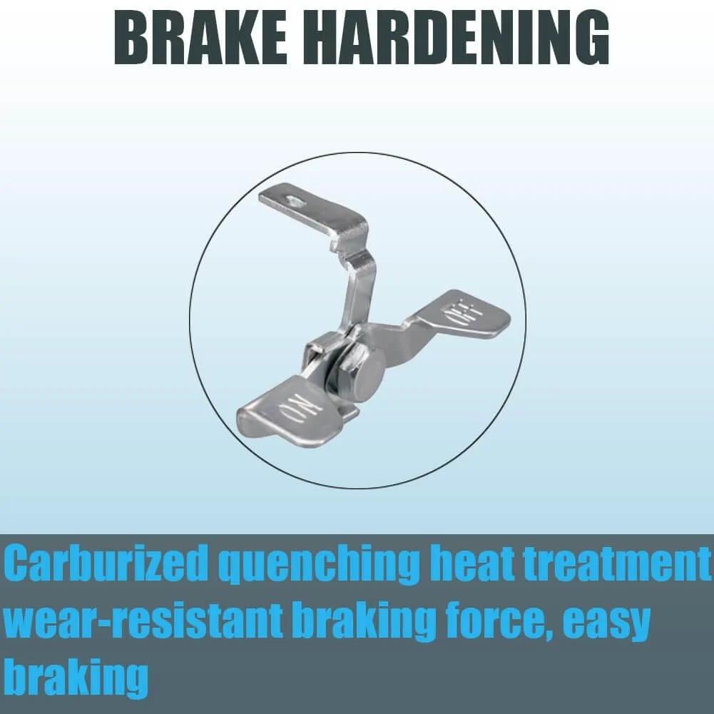Brake hardening feature of 5 Inch Heavy Duty Anti Tangling Caster Wheels Set of 4 with Brakes, steel brake component close-up