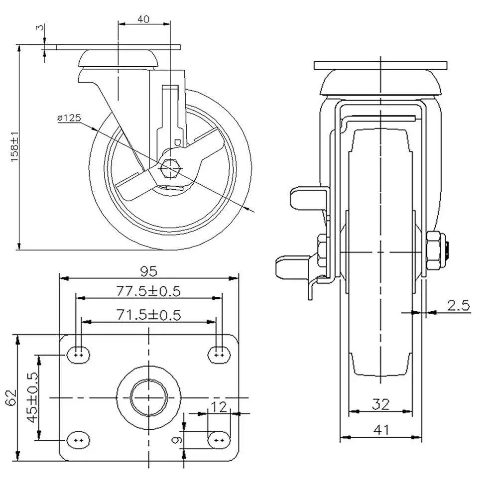 Technical drawing of Heavy Duty 5 Inch Caster Wheels Set Of Four Non Marking Premium Commercial Grade With Two Rigid And Two Swivel Brakes.