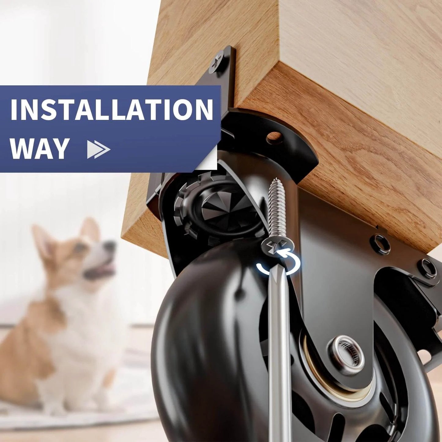 Close-up of 3 Inch Side Mount Plate Caster Wheels L Shaped Heavy Duty with brake installation under wooden furniture.