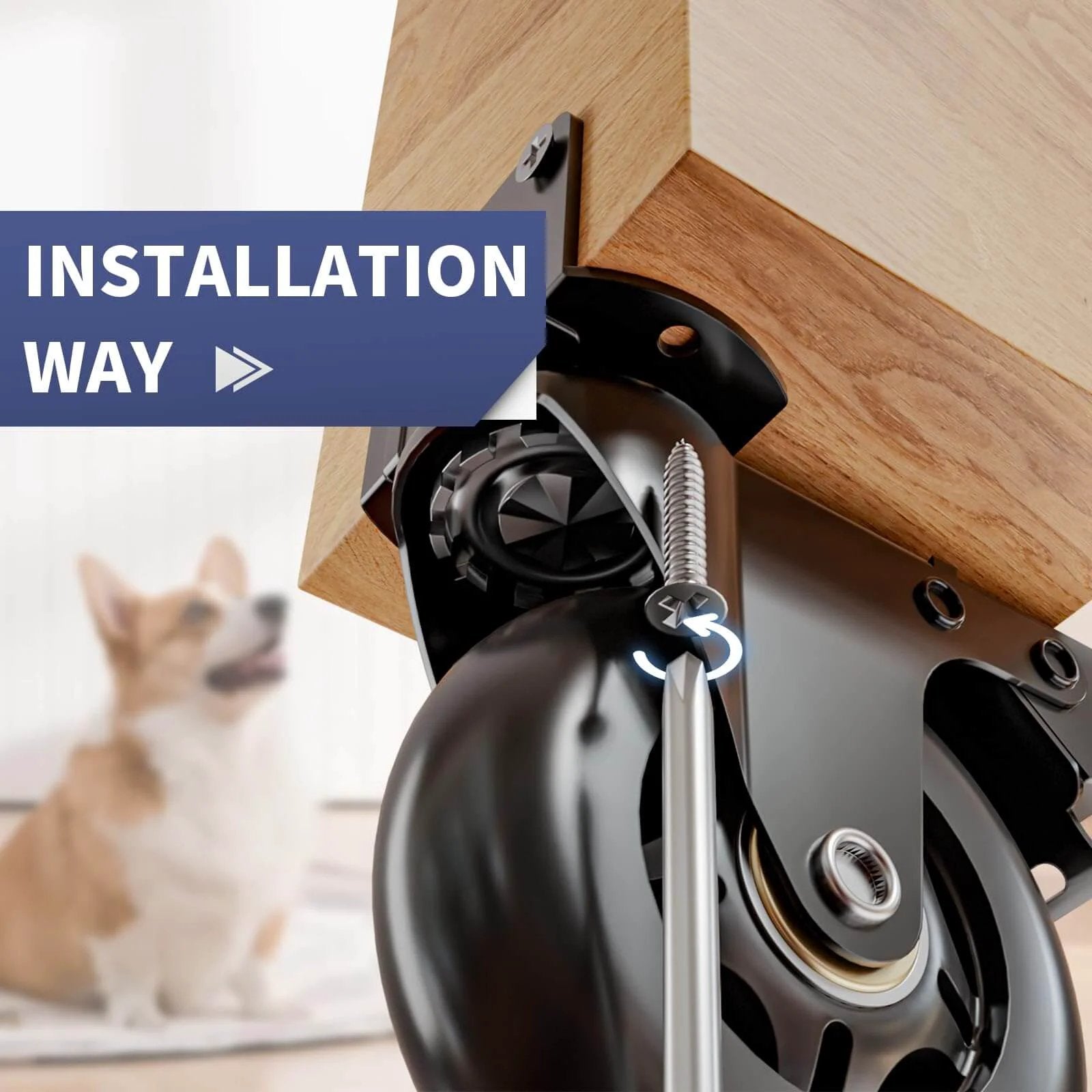 Close-up of 3 Inch Side Mount Plate Caster Wheels L Shaped Heavy Duty with brake installation under wooden furniture.