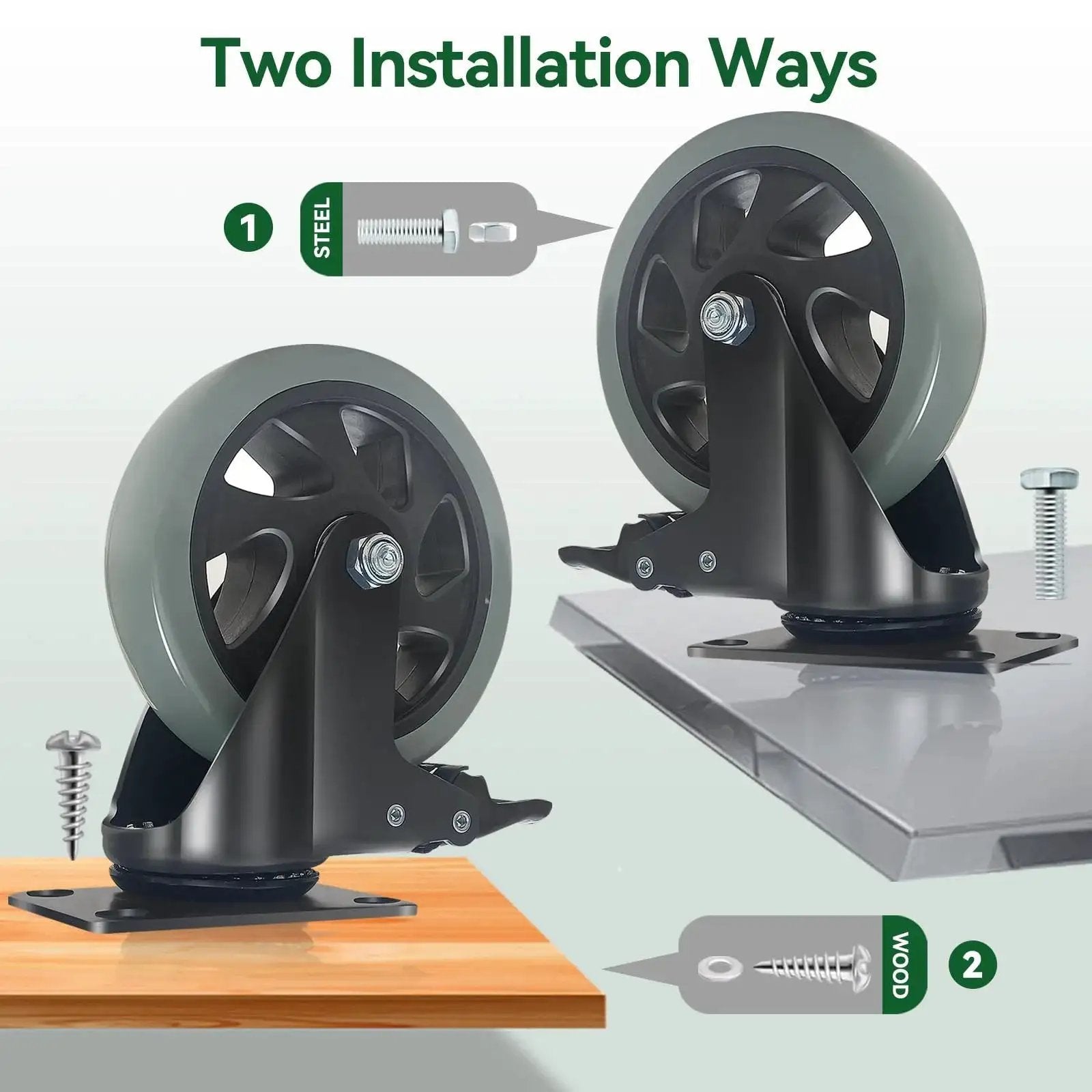 5 Inch Heavy Duty Caster Wheels Set Of 4 With Brakes, Silent Swivel Top Plate Locking Casters, Grey Polyurethane Casters installation