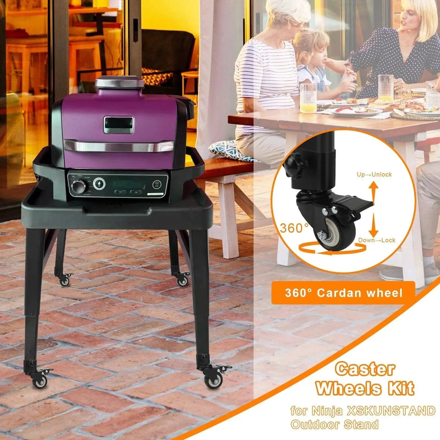 Heavy Duty Caster Wheel Kit With 360 Degree Swivel And Brake For Outdoor Ninja Stand XSKUNSTAND shown on patio with grill stand