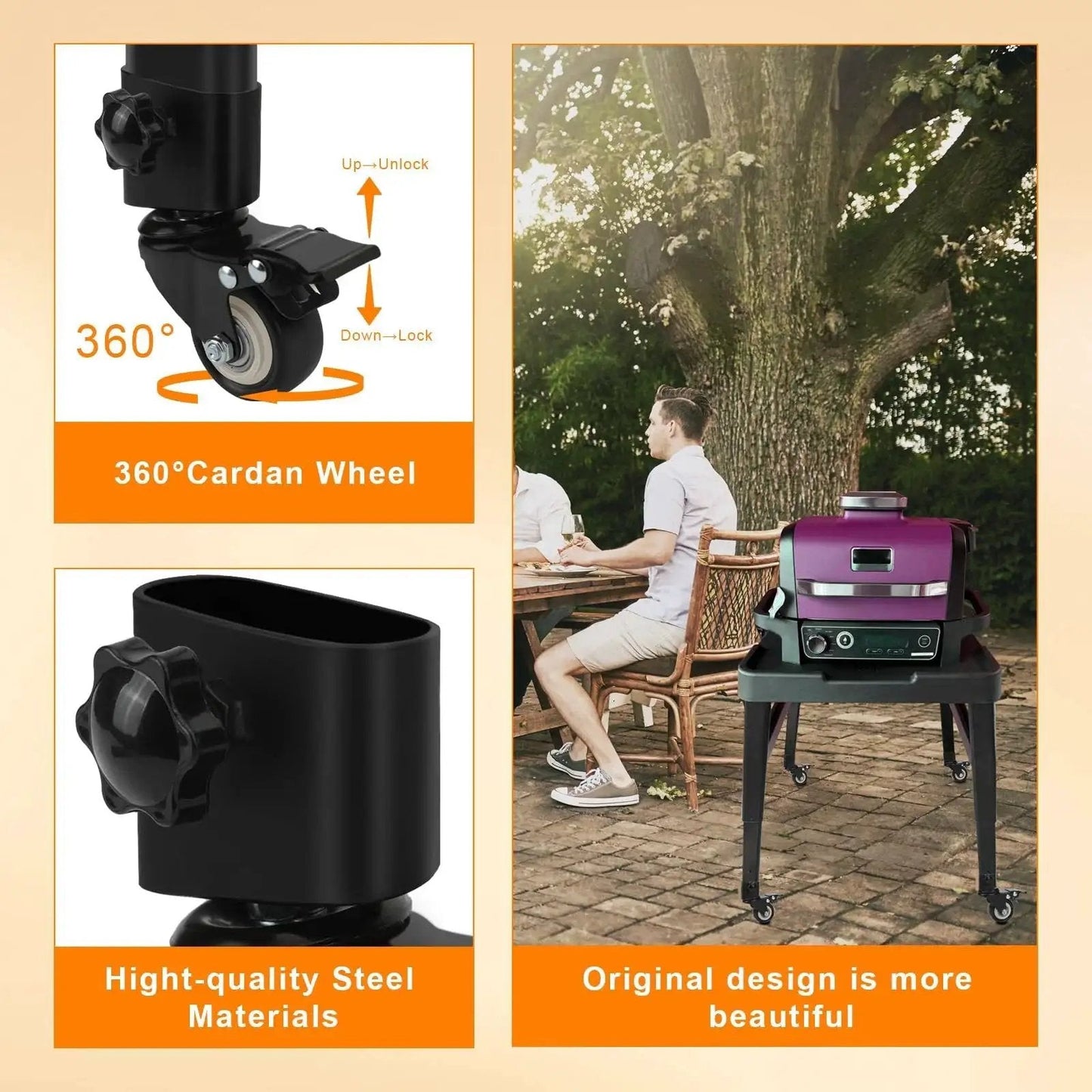 Heavy Duty Caster Wheel Kit With 360 Degree Swivel And Brake For Outdoor Ninja Stand XSKUNSTAND shown attached to grill stand