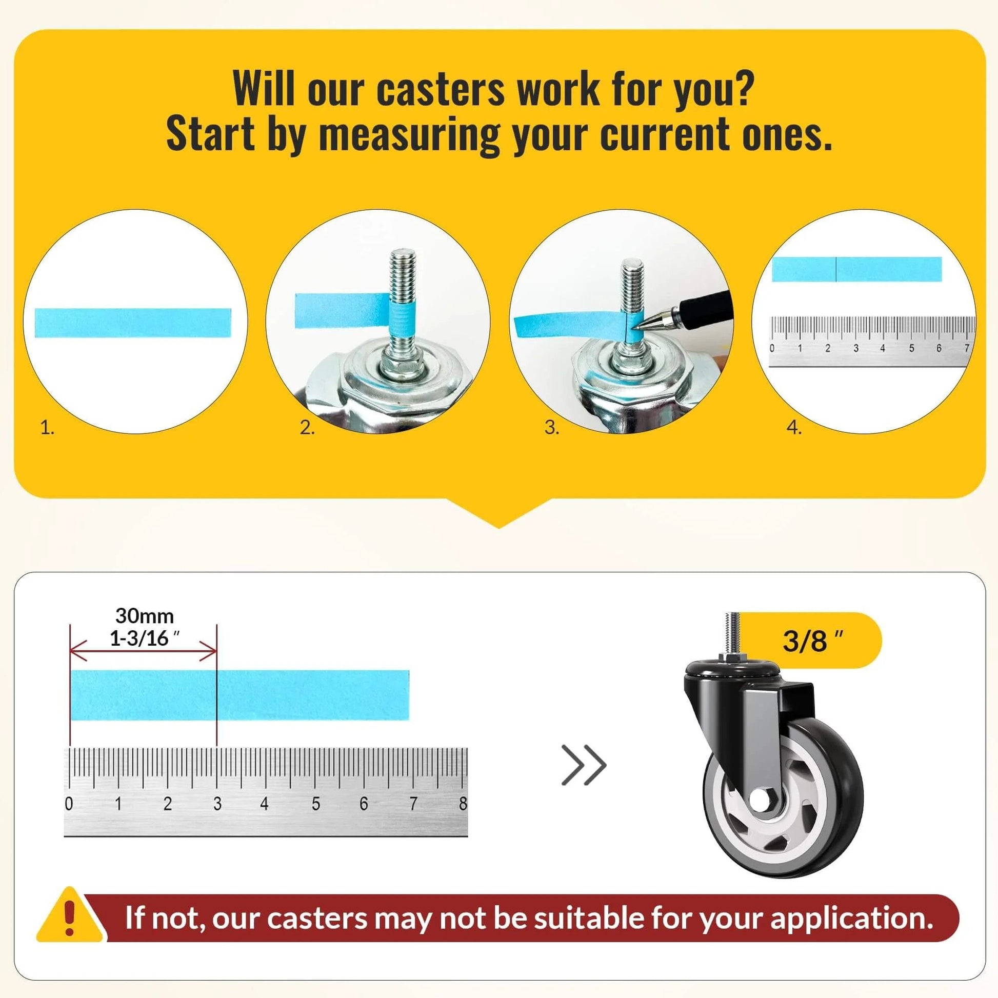 Measurement guide for installing 4 Inch Caster Wheels No Brake Stem Casters Set of 4 Heavy Duty Swivel Castors with 3/8 Inch stem.