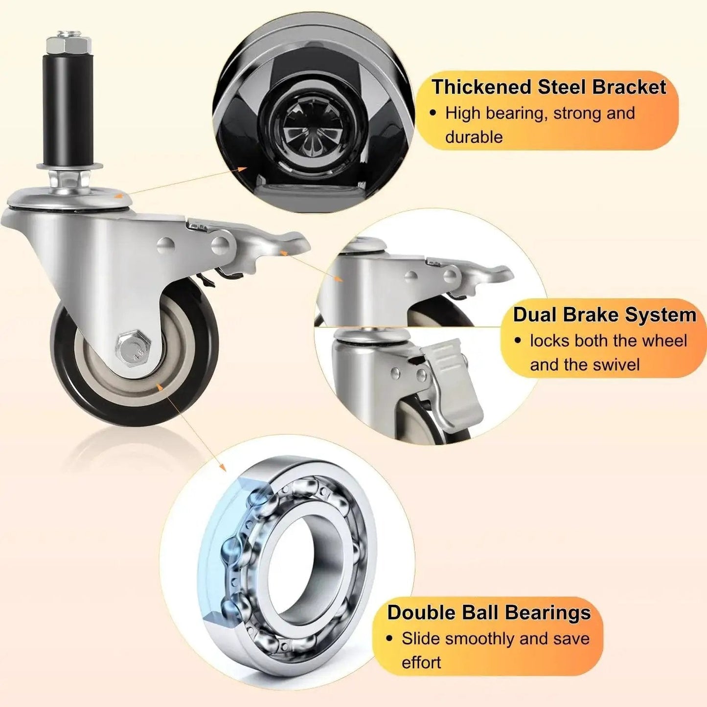 Image of Expanding Stem Caster Wheels, 3 Inch, Dual Brake, Set Of 4 For 7/8 To 1-5/8 Inch Tube Legs, highlighting features of thickened steel bracket, dual brake system, and double ball bearings.